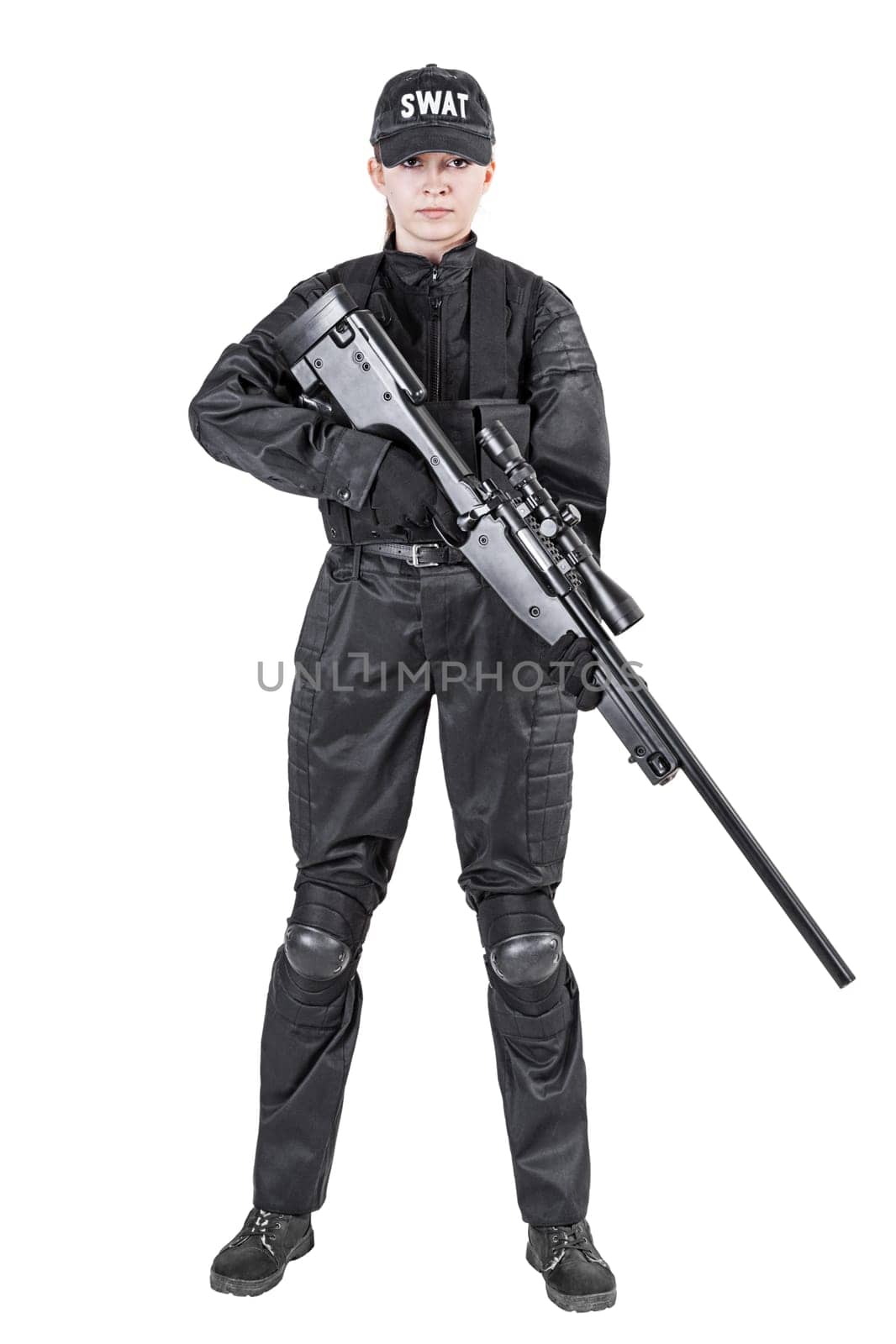 Female police officer SWAT in black uniform with sniper rifle studio shot
