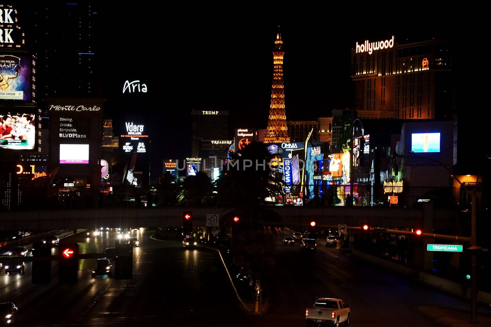 Las Vegas,United States - December 23,2015: Traffic on Las Vegas Boulevard and Strip with a collection of casinos and luxury hotels on the night of December 23,2015 in Las Vegas.