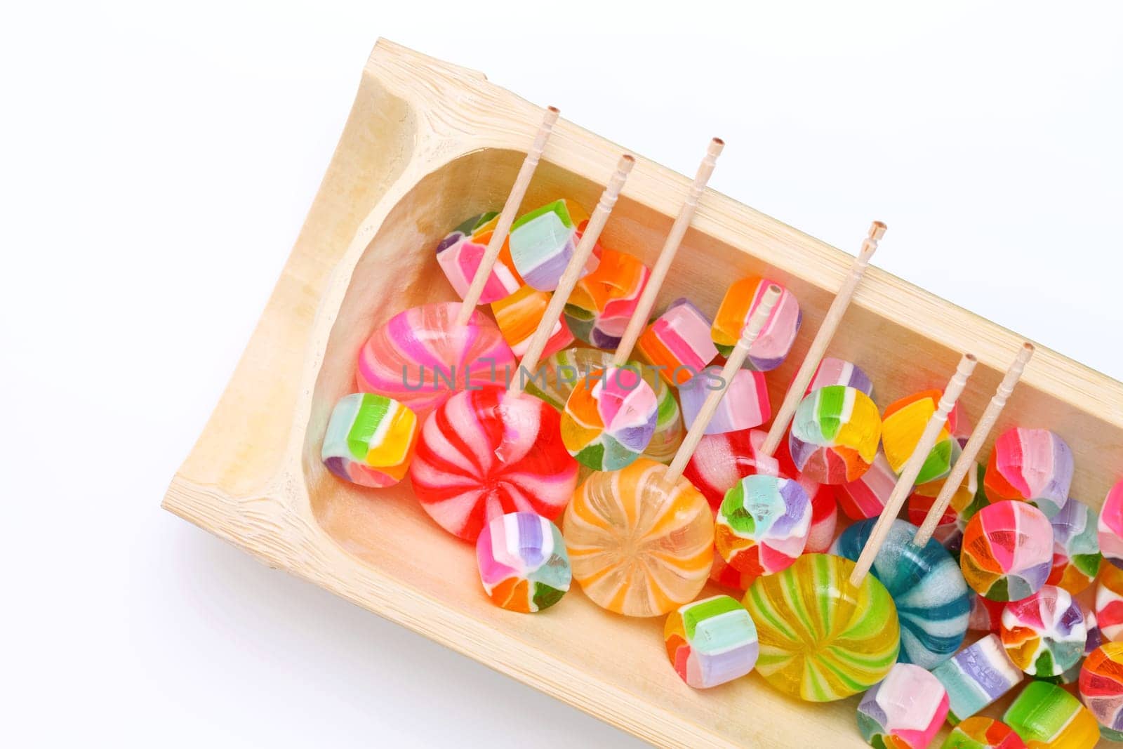 Japanese traditional colorful candies on bamboo plate