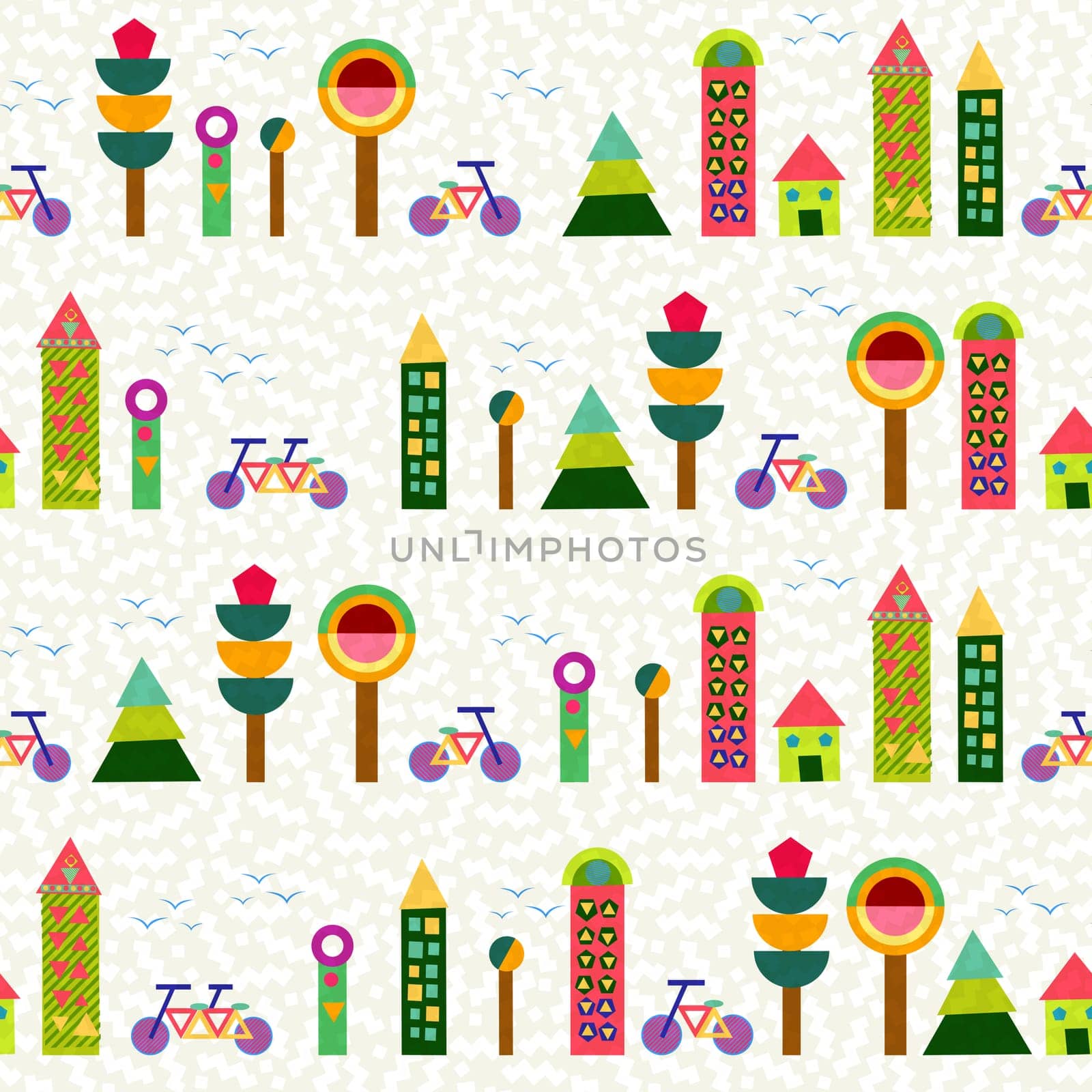 Seamless pattern background, city and environment elements made with multicolor geometry shapes. EPS10 vector.