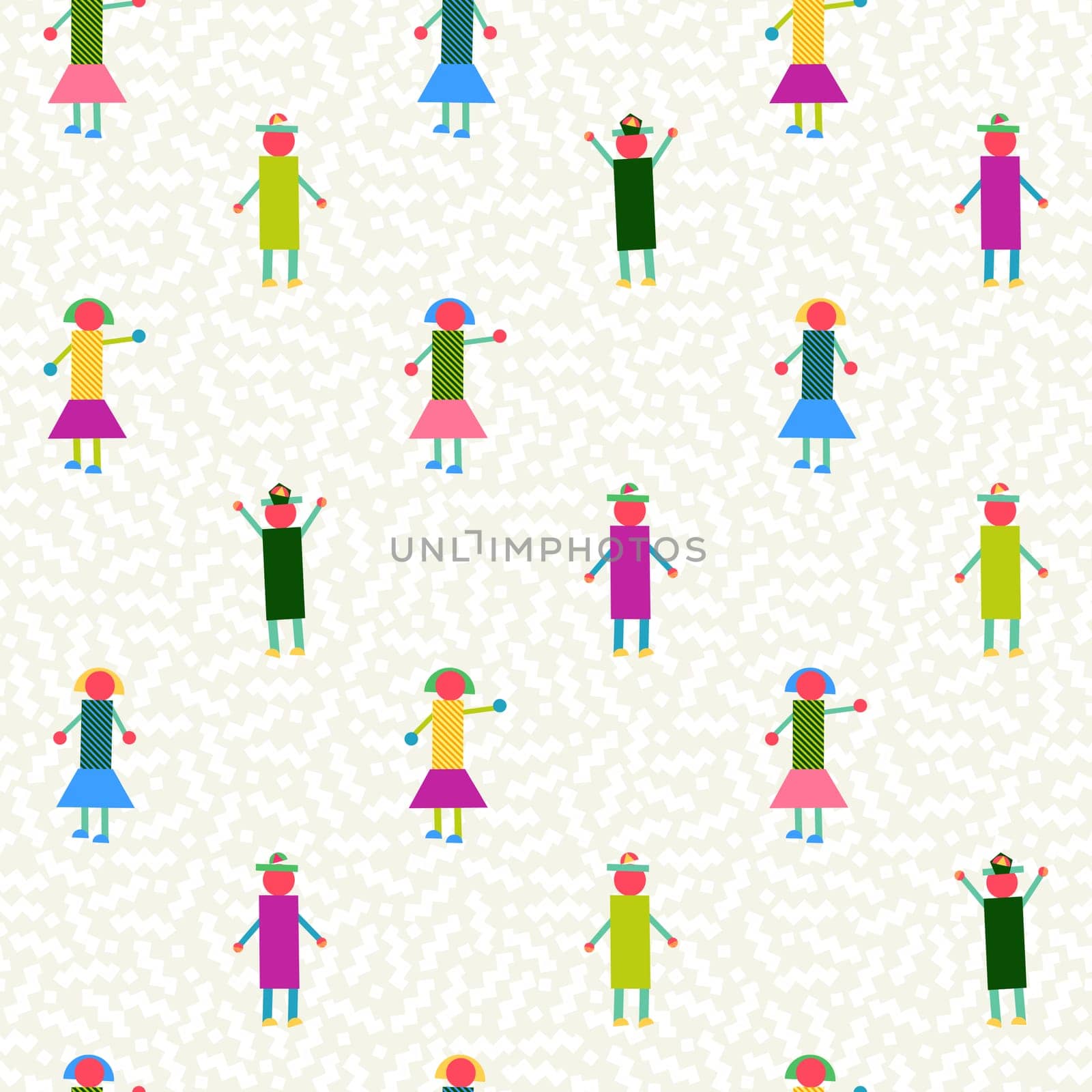 Seamless pattern, people made with geometry shapes and colorful elements. EPS10 vector.
