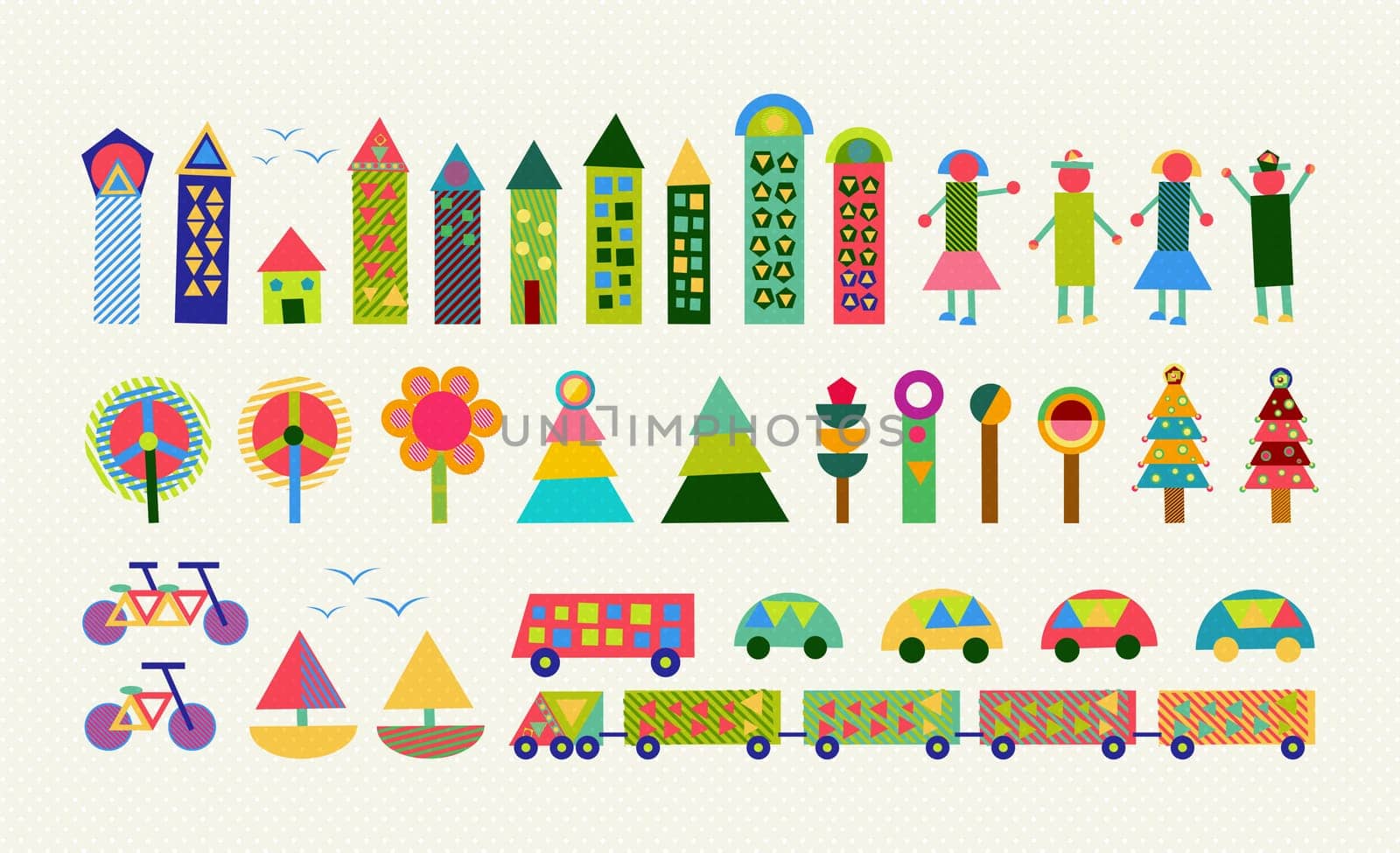 Set of happy colorful geometry city elements. Includes house, people, nature, environment and transport shapes. EPS10 vector.