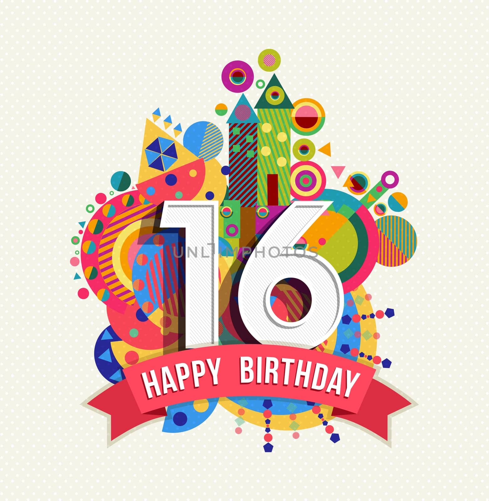 Happy Birthday sixteen 16 year, fun celebration greeting card with number, text label and colorful geometry design. EPS10 vector.