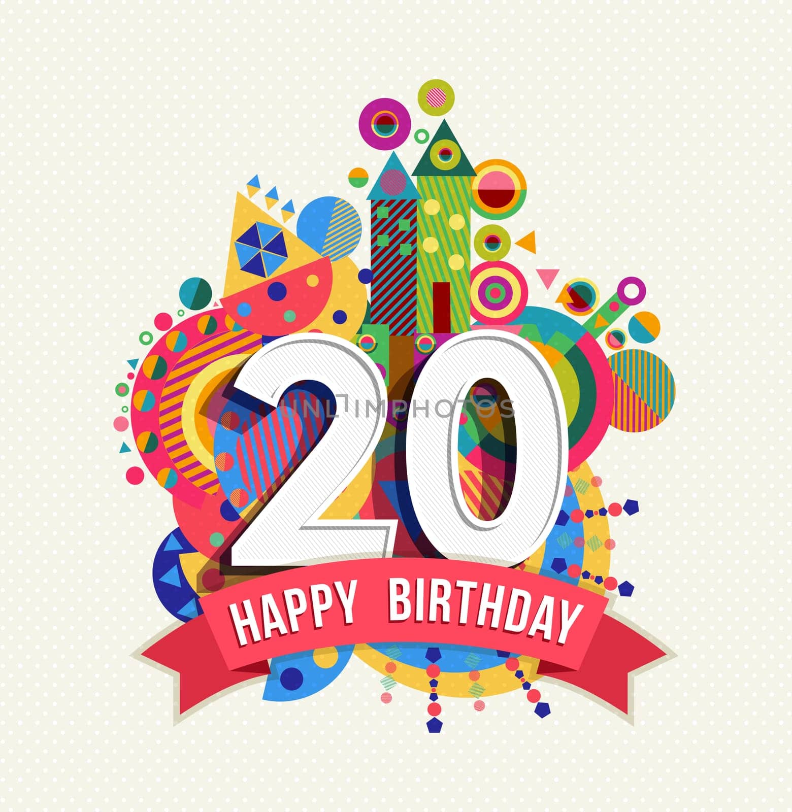 Happy Birthday twenty 20 year fun design with number, text label and colorful geometry element. Ideal for poster or greeting card. EPS10 vector.