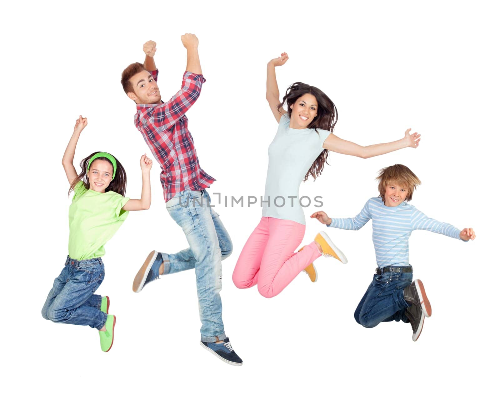 Young happy family jumping isolated on a white background