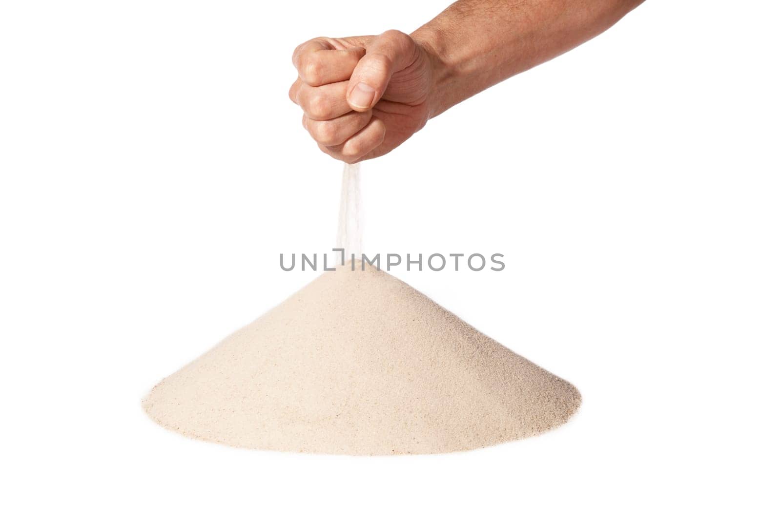 sand running through hand as a symbol for time running out..Isolated on a white background