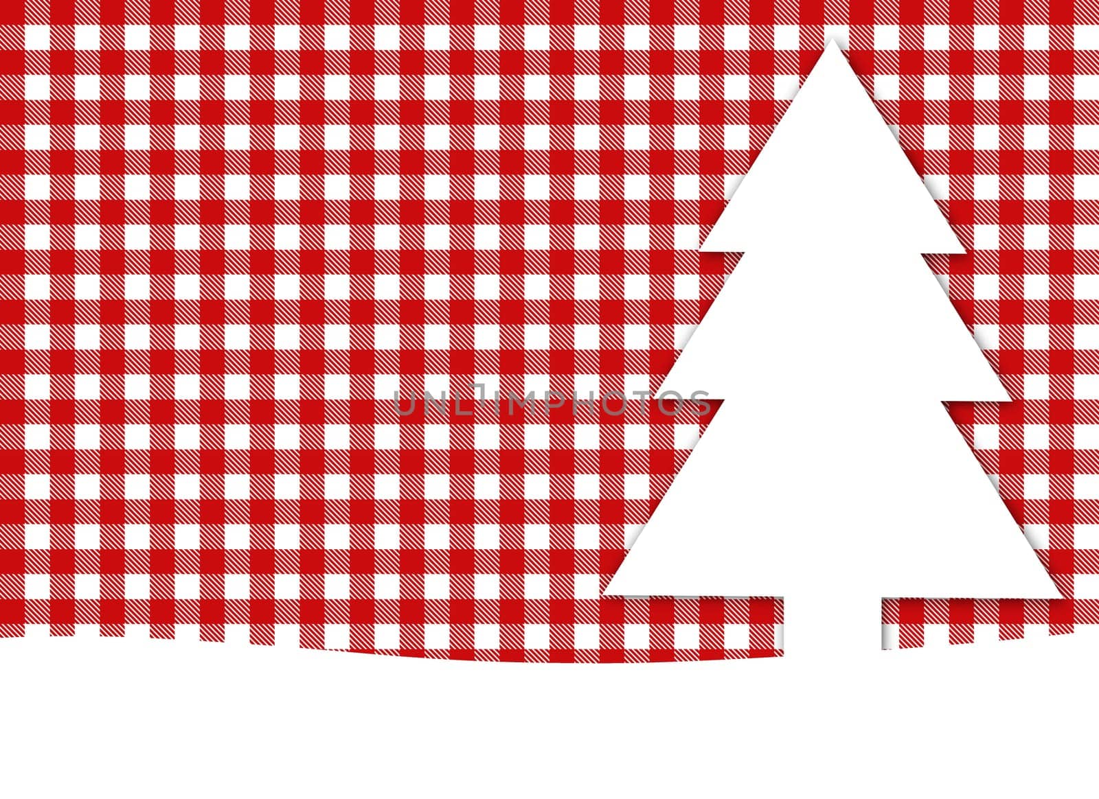 Christmas card with fir tree and tablecloth pattern red white