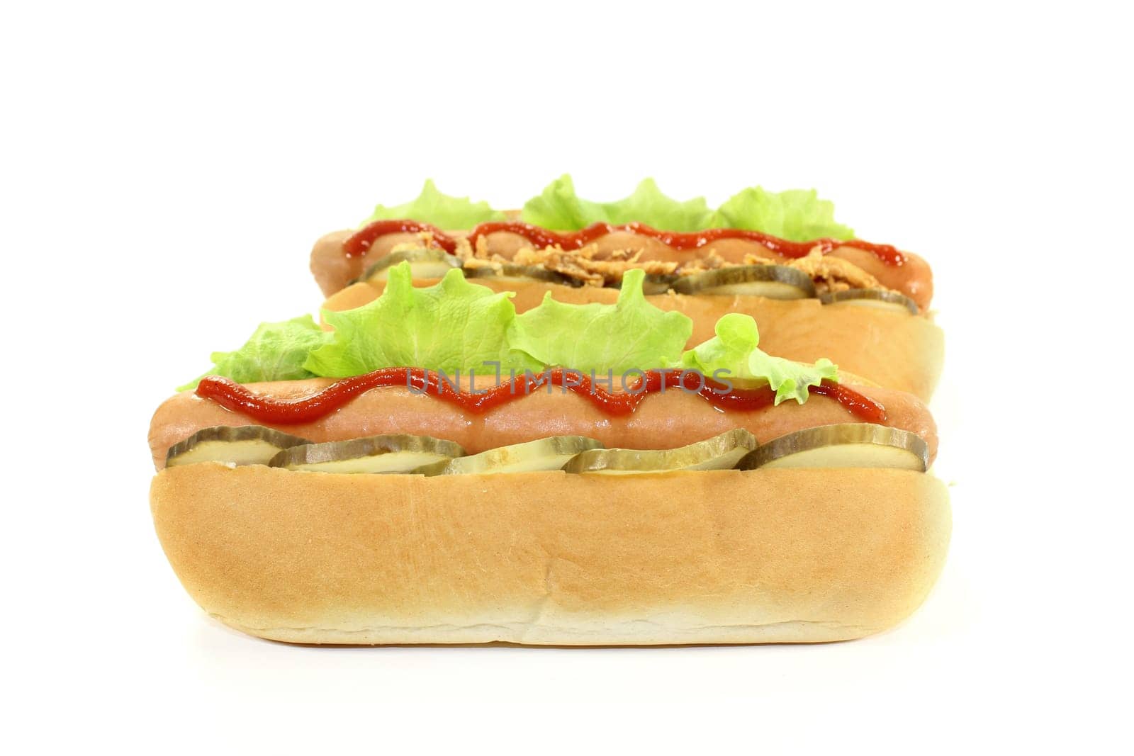 various hot dogs against a white background