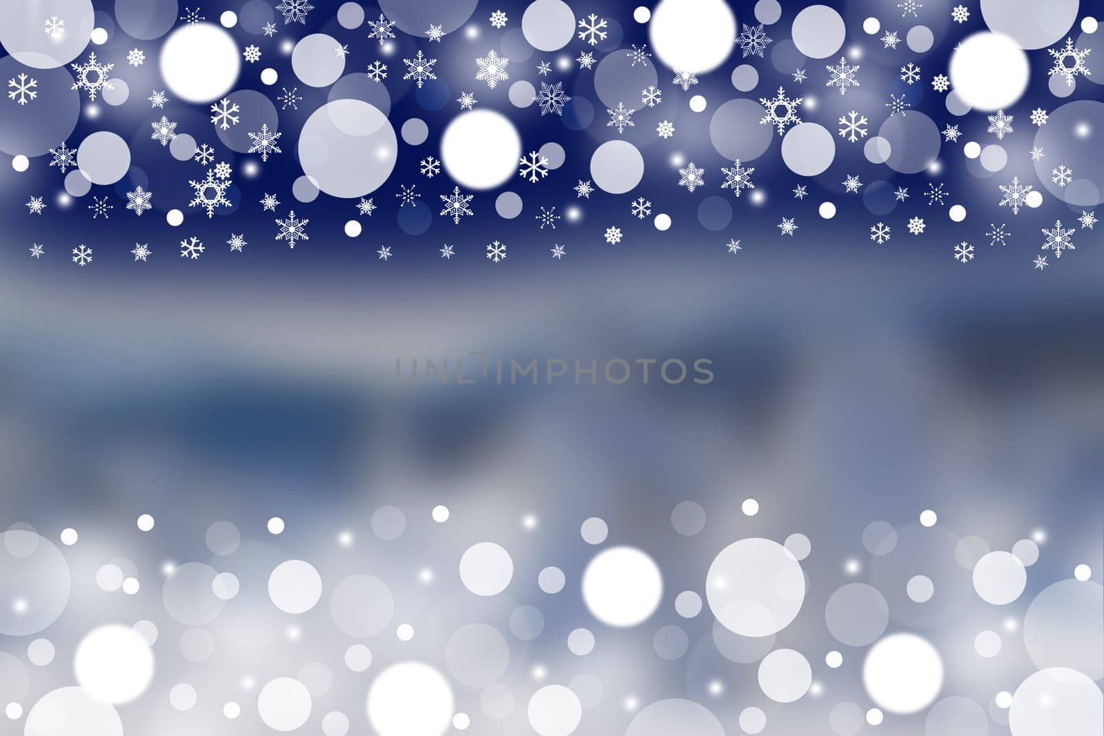 The winter blurred landscape and the white circles and snowlakes on a dark blue sky in the upper part of the picture. Blurred circles are at the bottom of the picture.