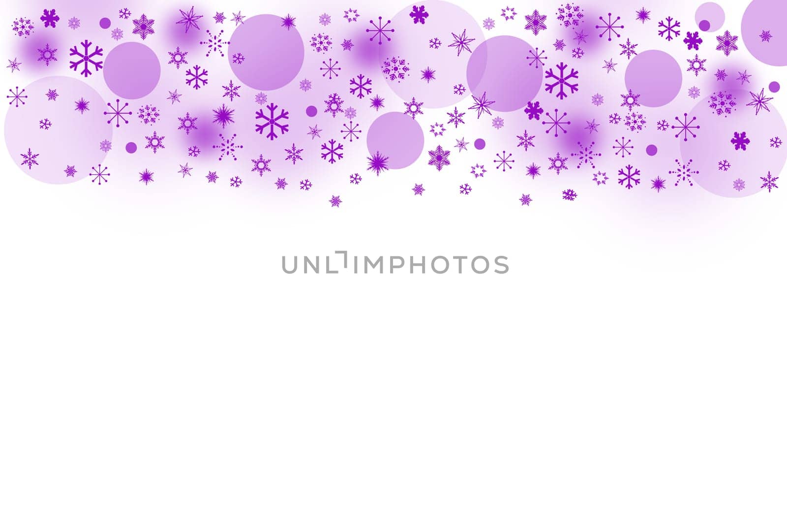 The purple blured balls and snowflakes on a white background. Balls and snowflakes are placed on the top of the picture.