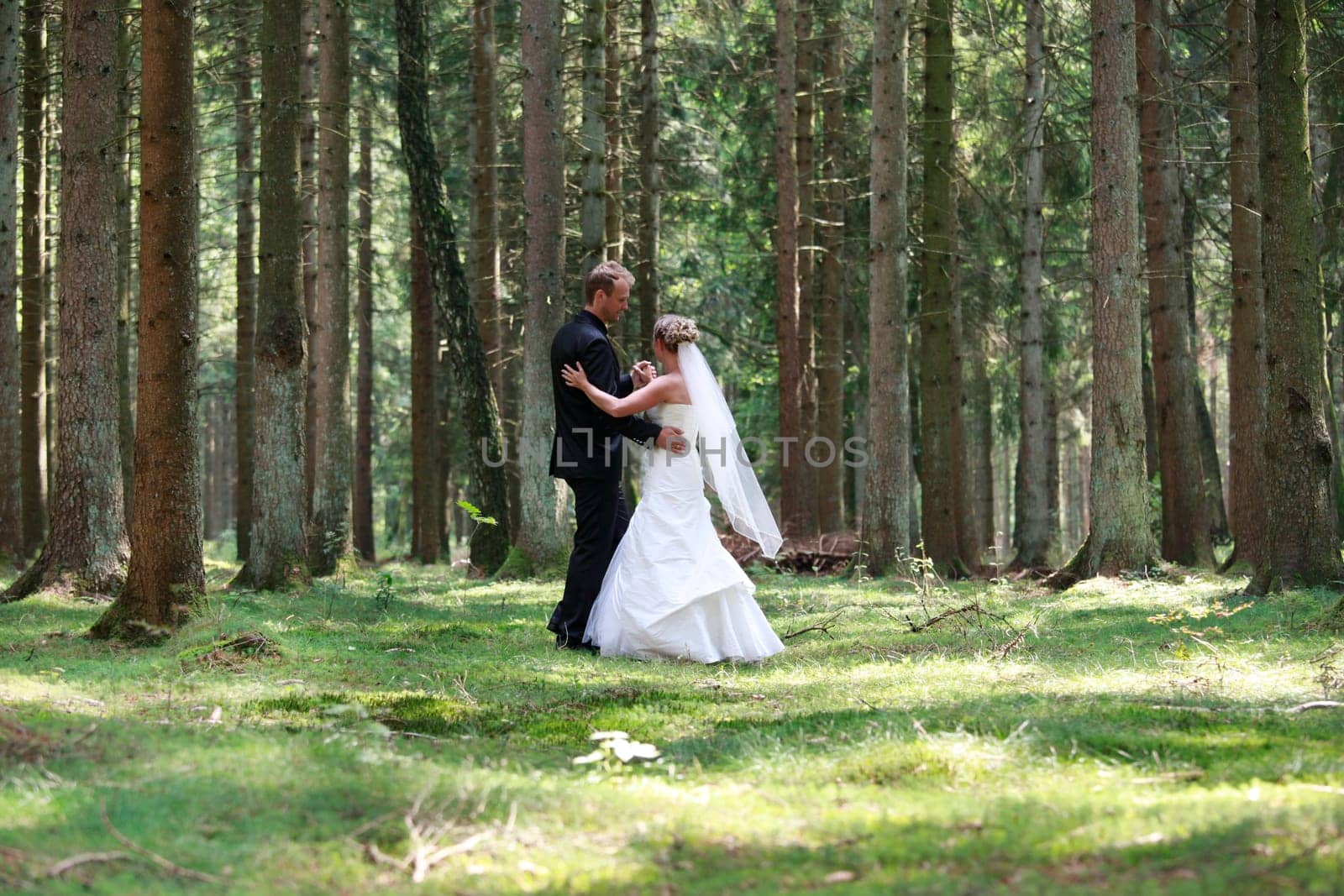 bride and groom shooting at the wedding in the forest