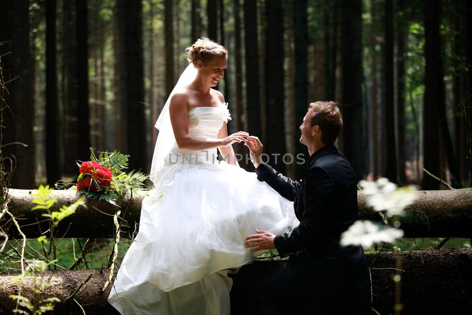 bride and groom shooting at the wedding in the forest