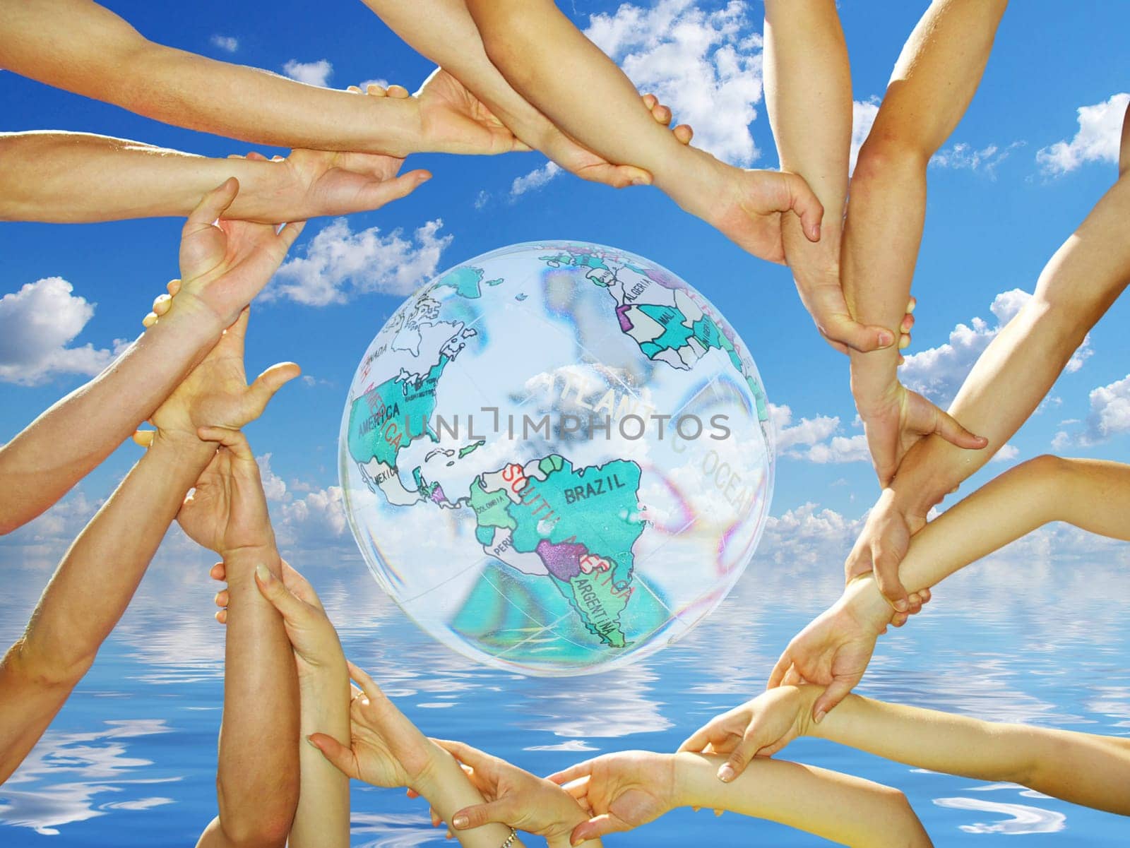 Ring of hands on blue