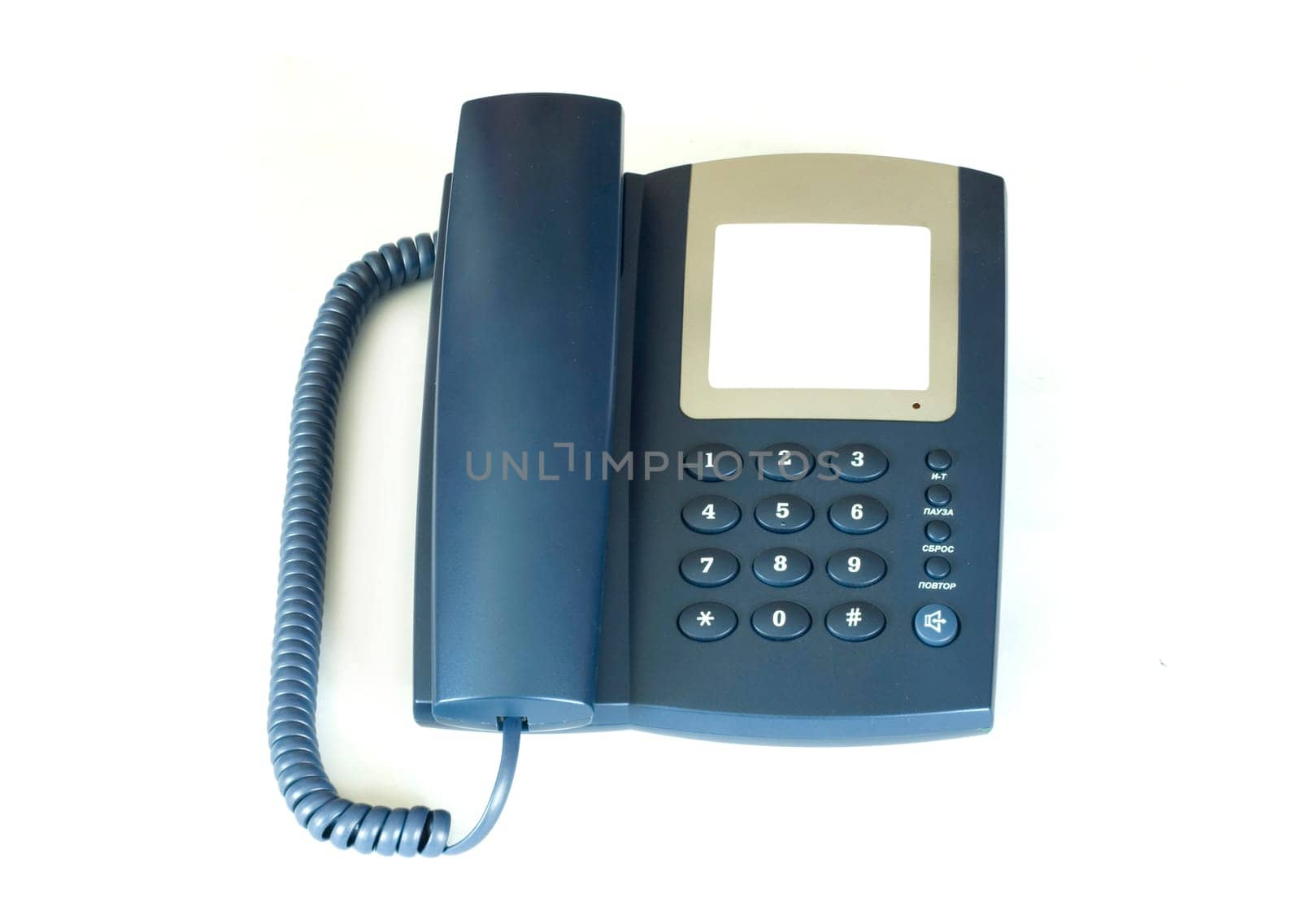blue office telephone on a white  background