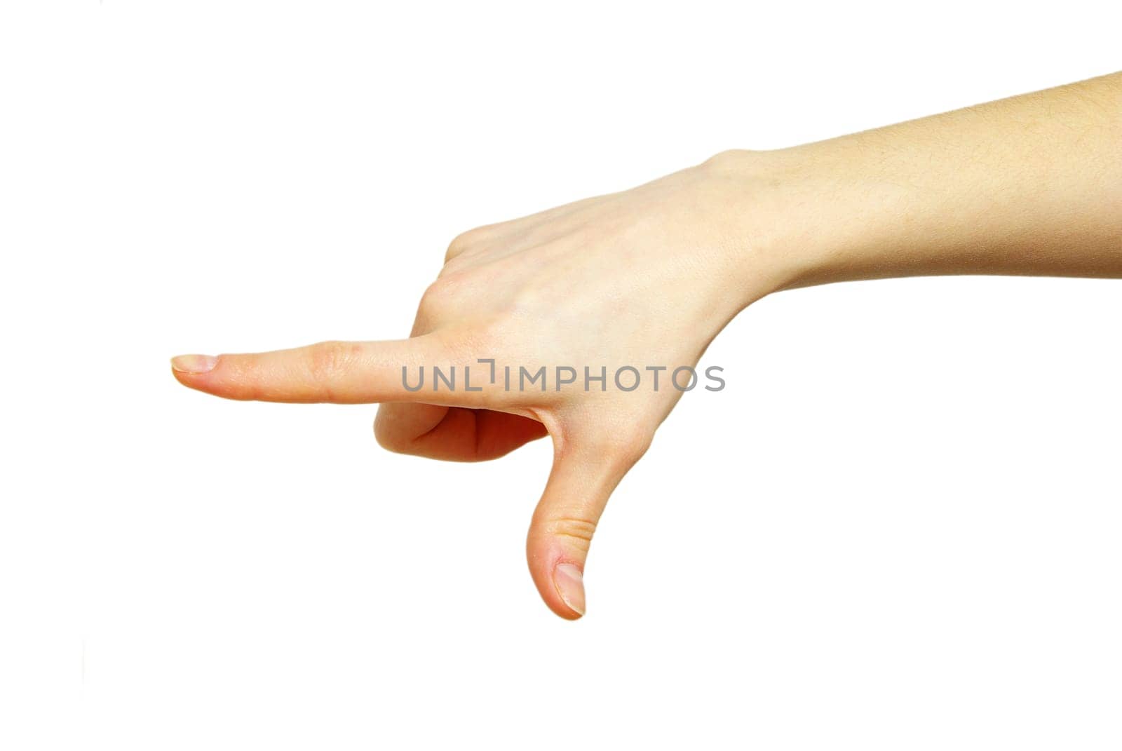hand pointing with index finger against a white background