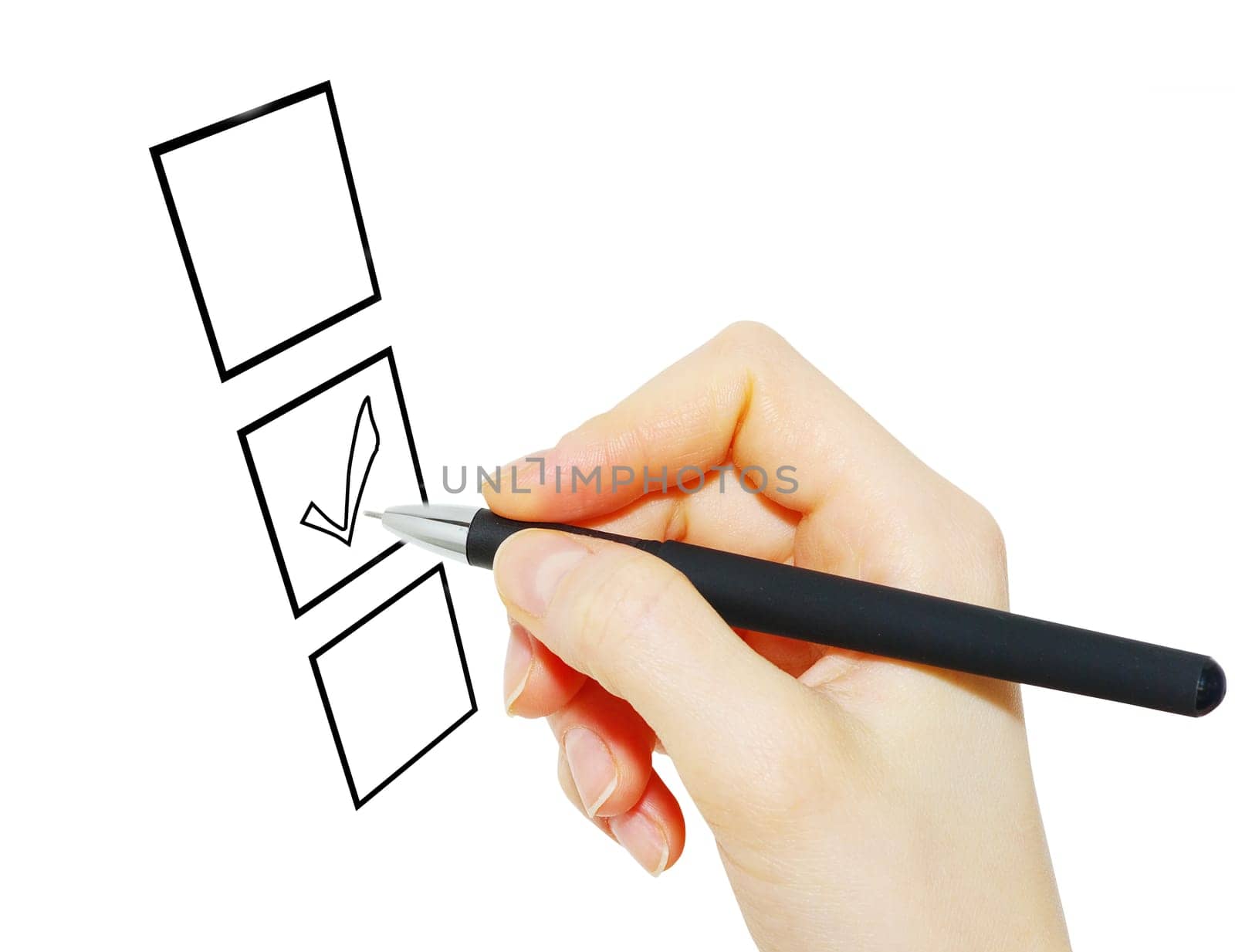 Hand with pen and check boxes isolated on white
