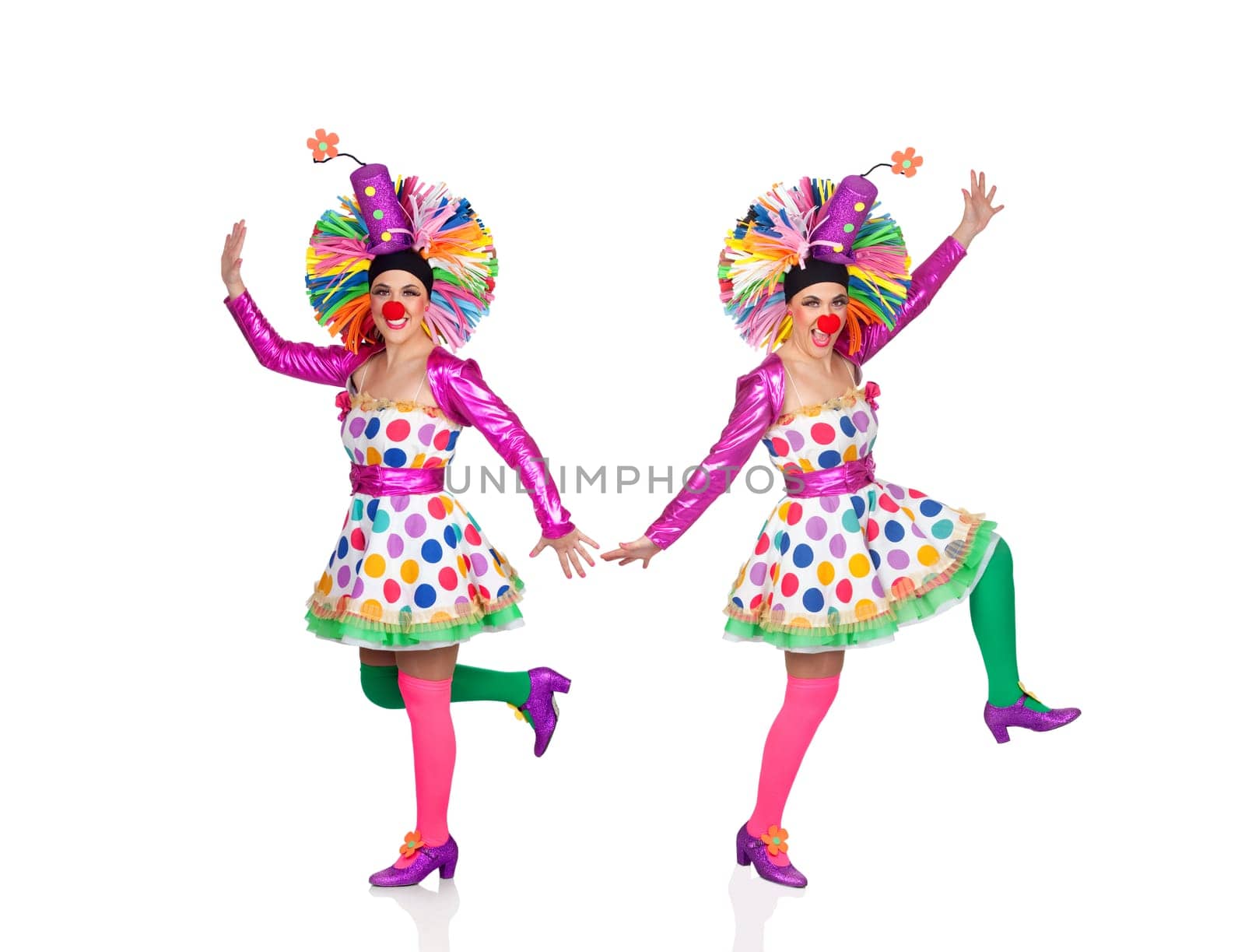 Two funny clowns dancing isolated on a white background