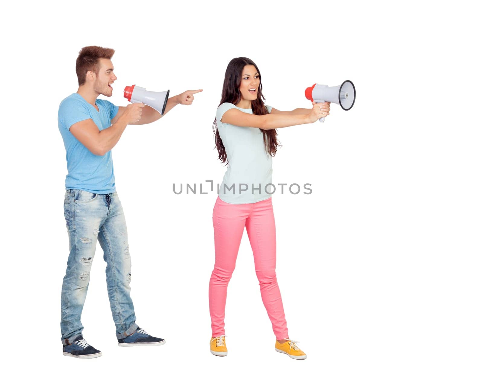 Young couple shouting with megaphones isolated on white