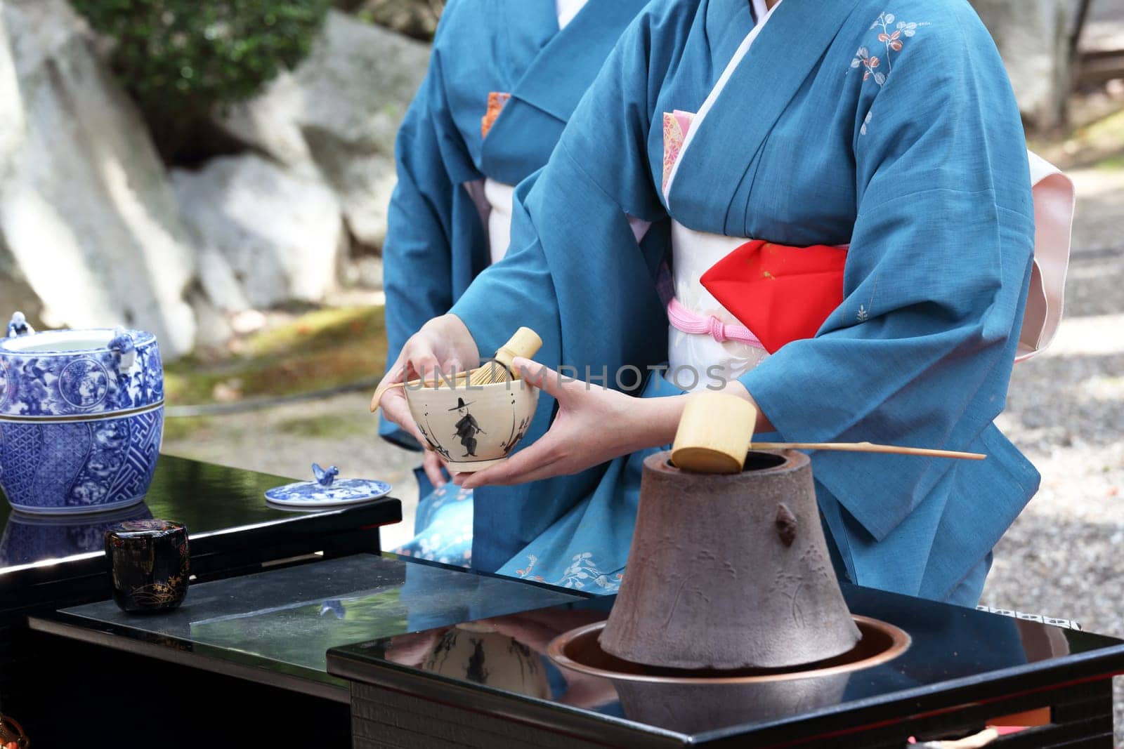 Japanese green tea ceremony in garden