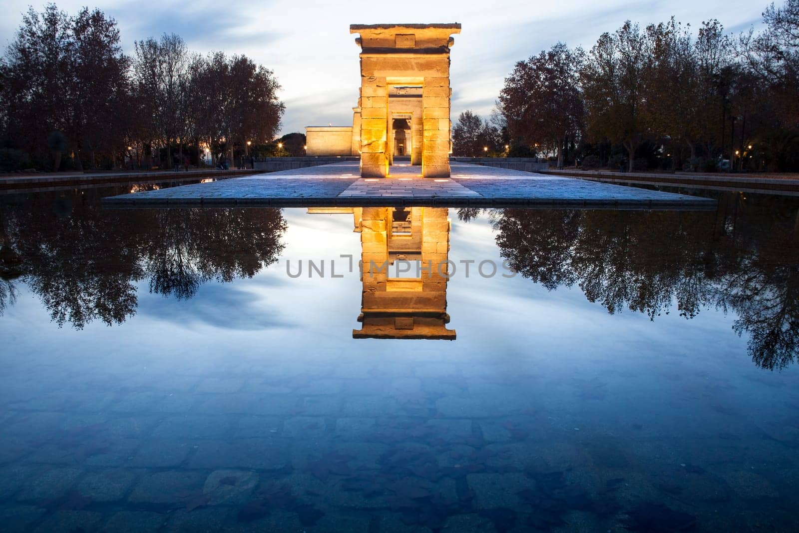 Temple of Debod at dusk. Ancient Egyptian temple which was dismantled and rebuilt in Madrid, Spain