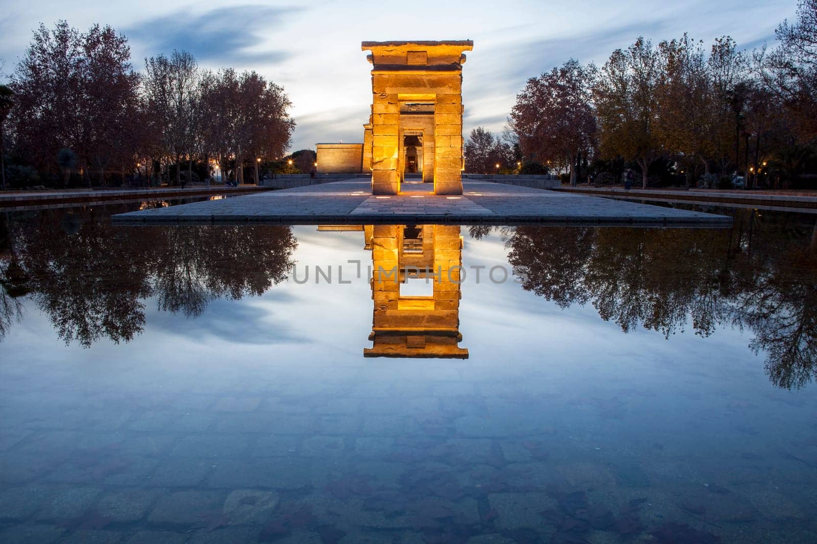 Temple of Debod at dusk. Ancient Egyptian temple which was dismantled and rebuilt in Madrid, Spain