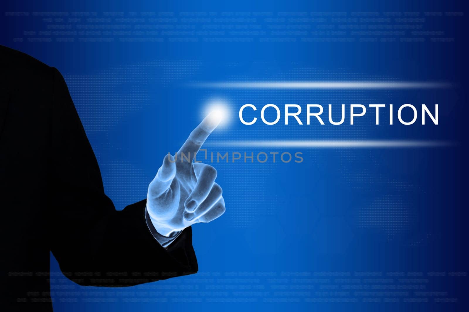 business hand pushing corruption button on a touch screen interface