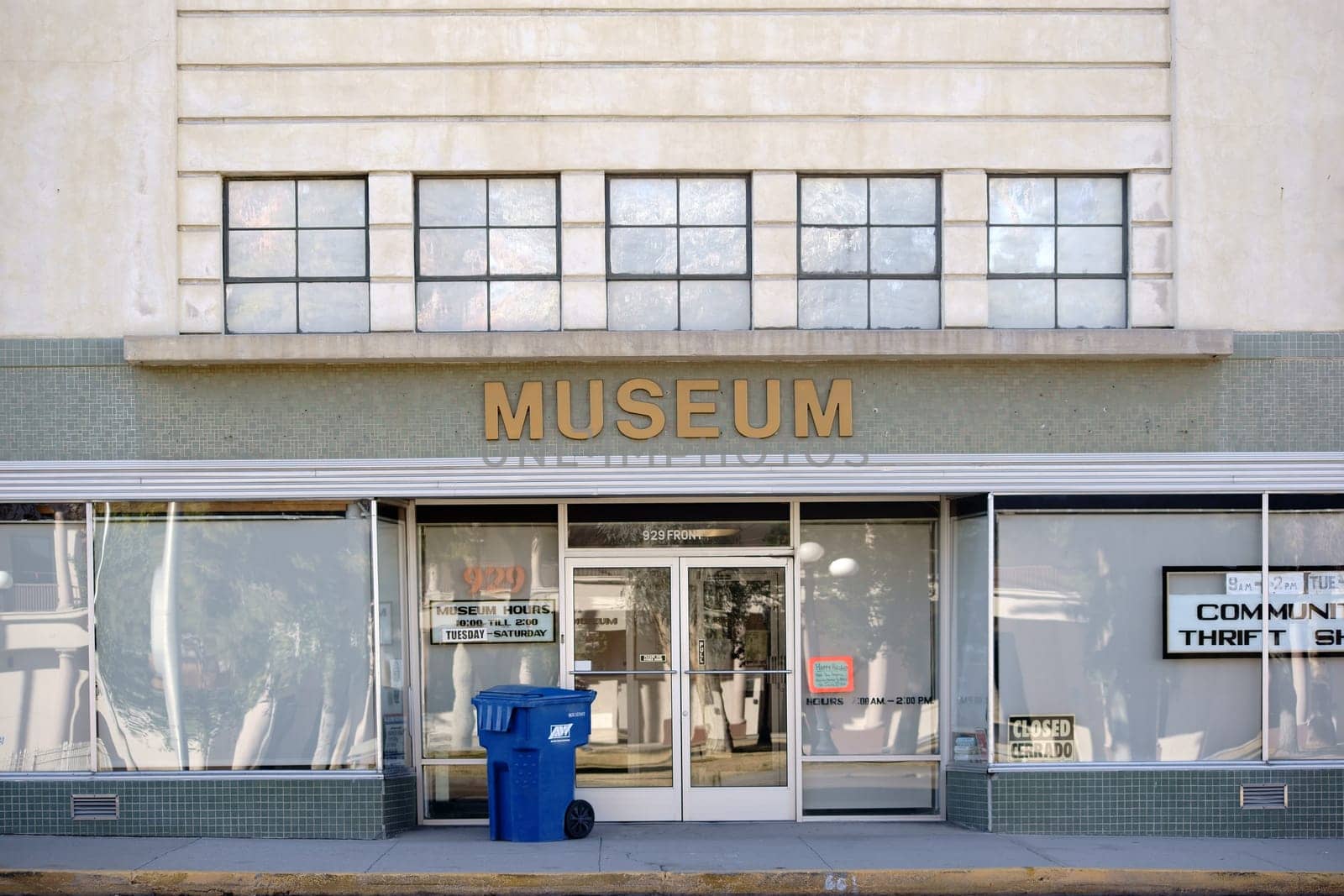 Needles,United States - December 23,2015: The entrance of the museum in Needles with a garbage can at the front door on December 23,2015 in Needles.