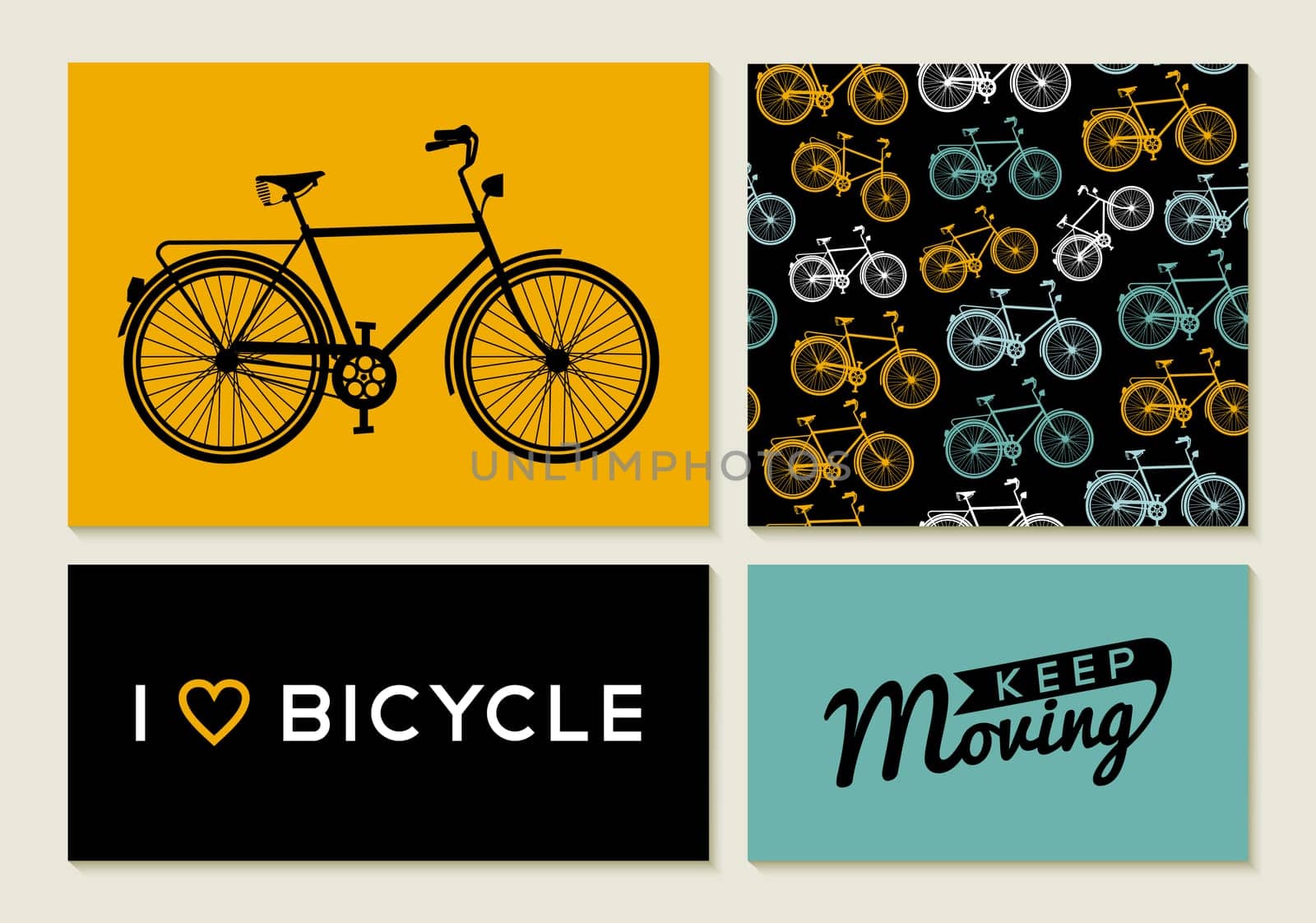 Bike concept set retro seamless pattern, poster and label elements with bicycle outline silhouettes text quotes. EPS10 vector.