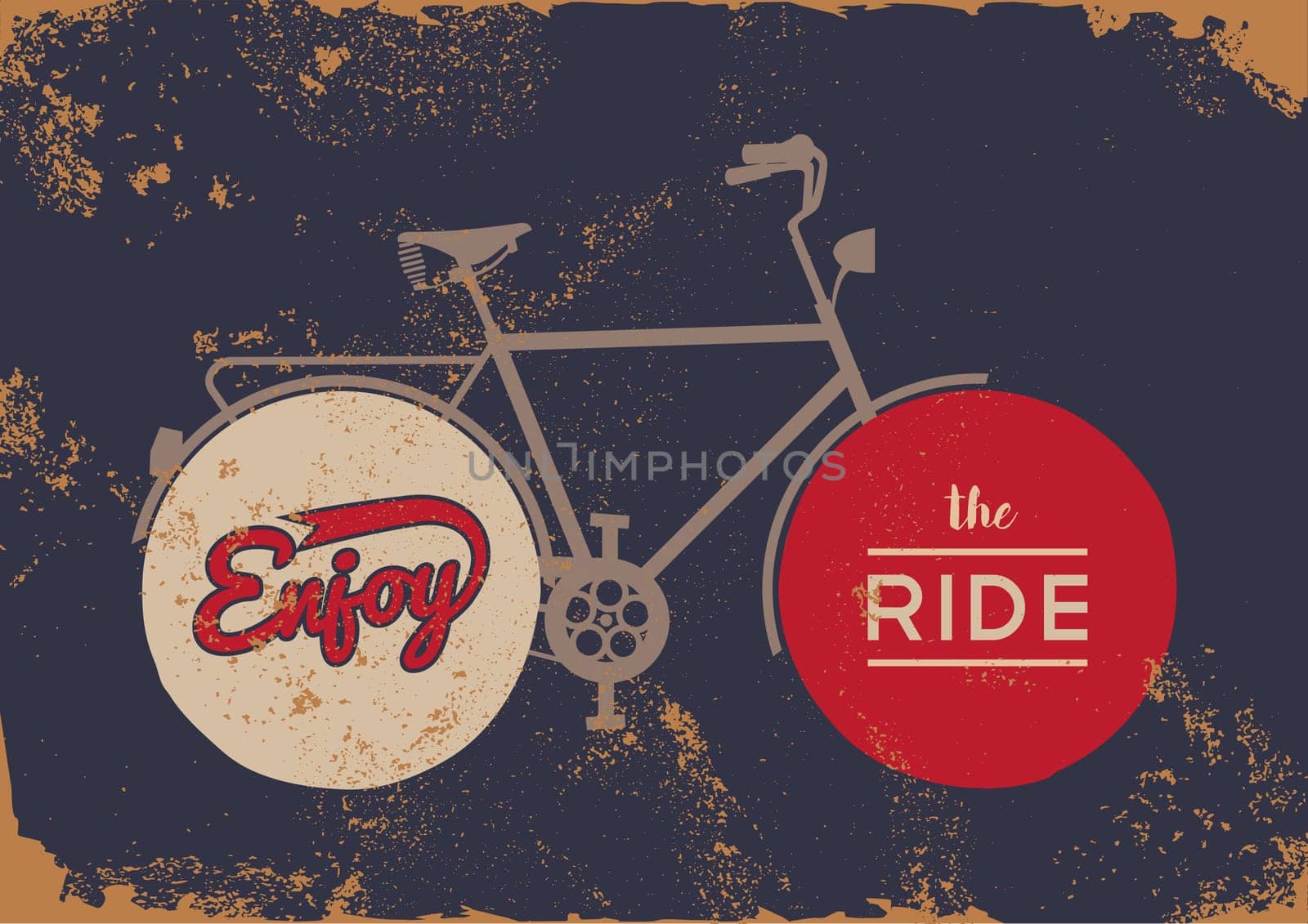 Bike concept poster, enjoy the ride text quote with grunge rusty texture and vintage bicycle silhouette. EPS10 vector.   .