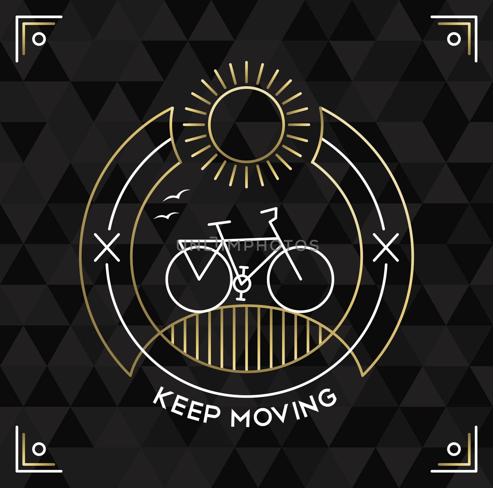 Bike concept poster design, line art bicycle outline in gold color with label and low poly grid background. EPS10 vector.