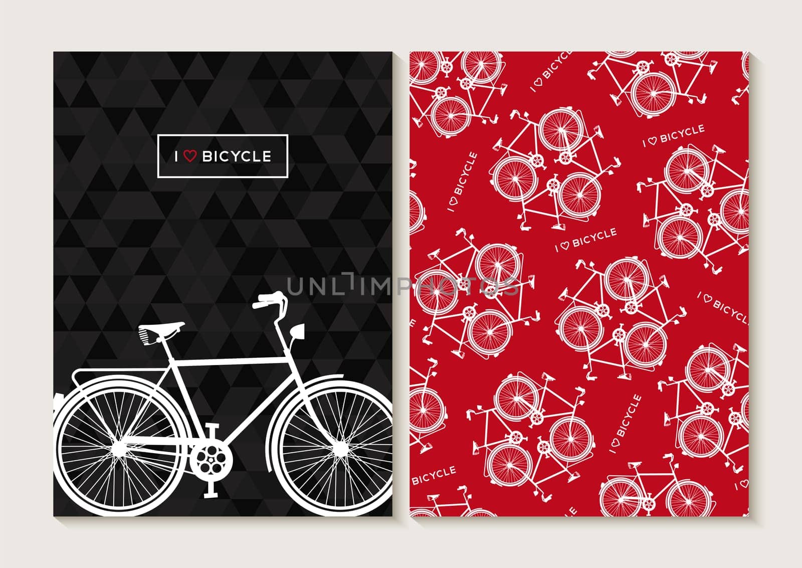 Bicycle concept retro set. Seamless pattern, poster design with bike outline silhouette and text label. EPS10 vector.