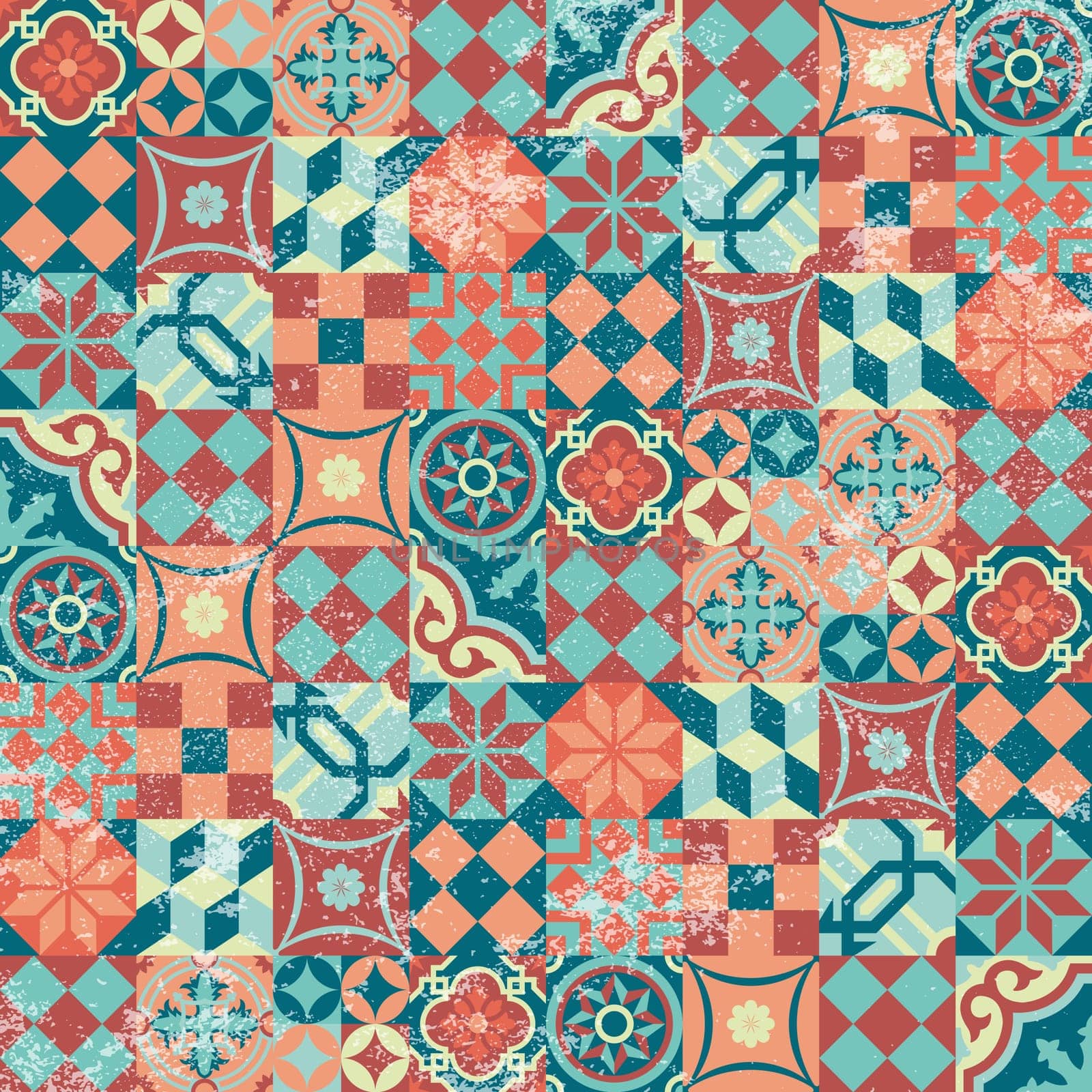 Traditional oriental mosaic seamless pattern background, patchwork design with grunge texture. Ornamental geometric elements. EPS10 vector.  .