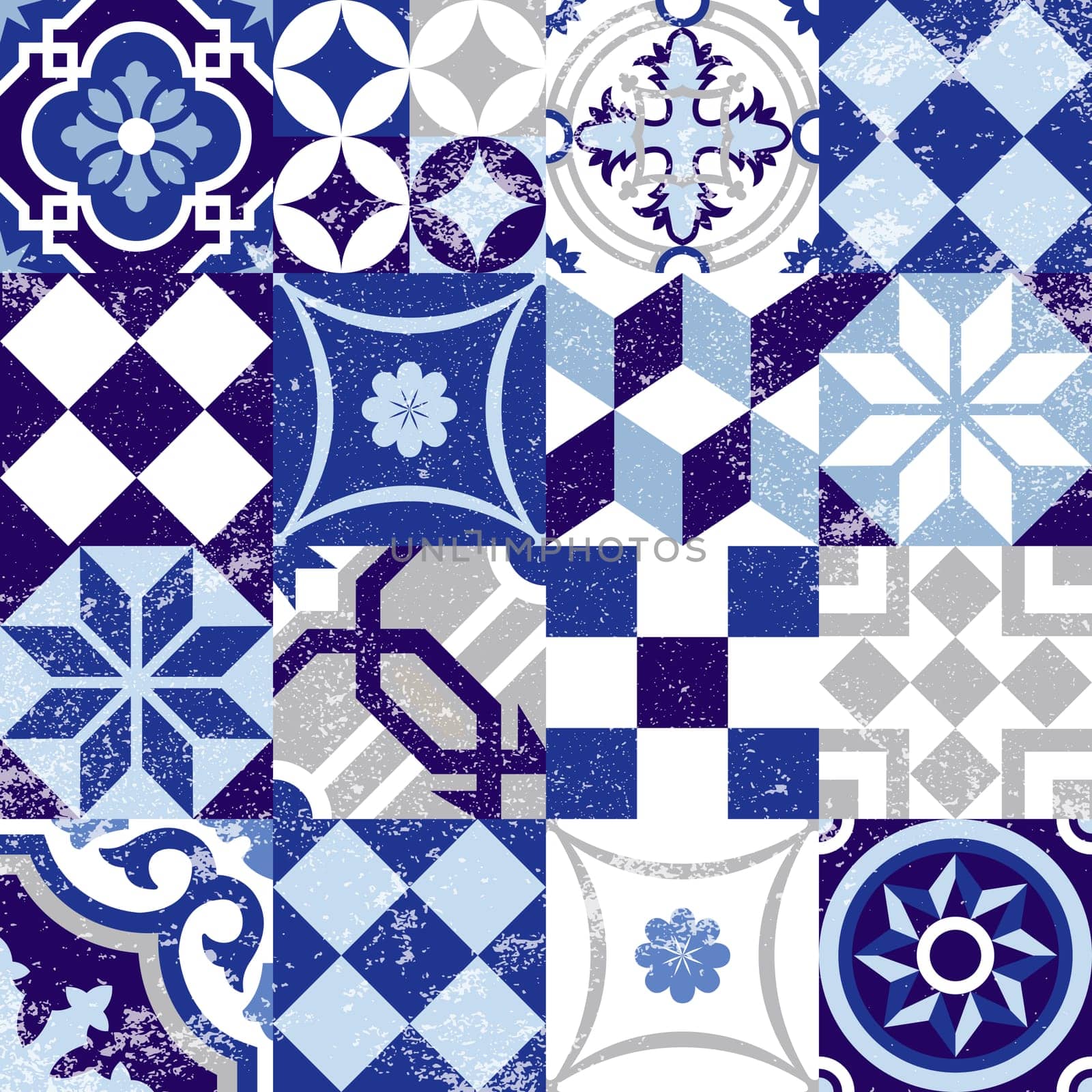 Vintage patchwork seamless pattern background with traditional blue tile decoration, classic mosaic style. EPS10 vector.