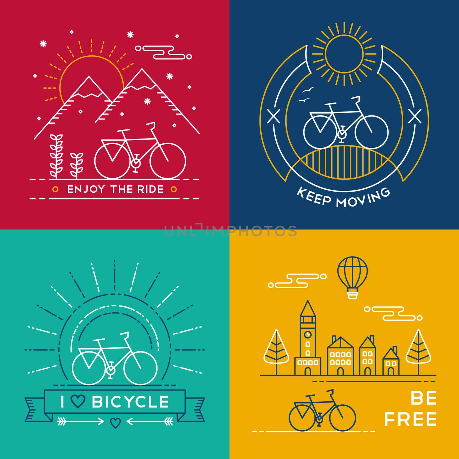 Set of bike poster designs in colorful line art style. Bicycle text quotes, nature, mountain and city elements. EPS10 vector.