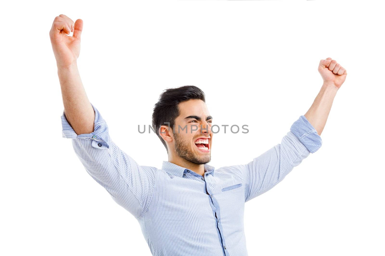 Successful young man with arms open, isolated over white background