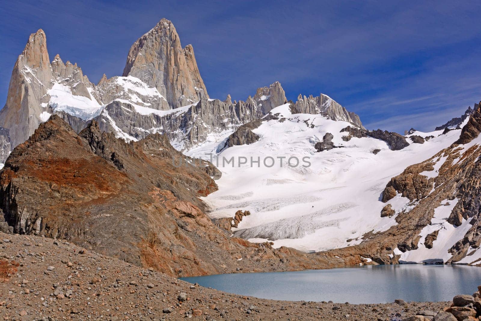 Spectacular Alpine Panorama of Mount Fitz Roy and Third Lake in the Patagonian Andes in Argentina
