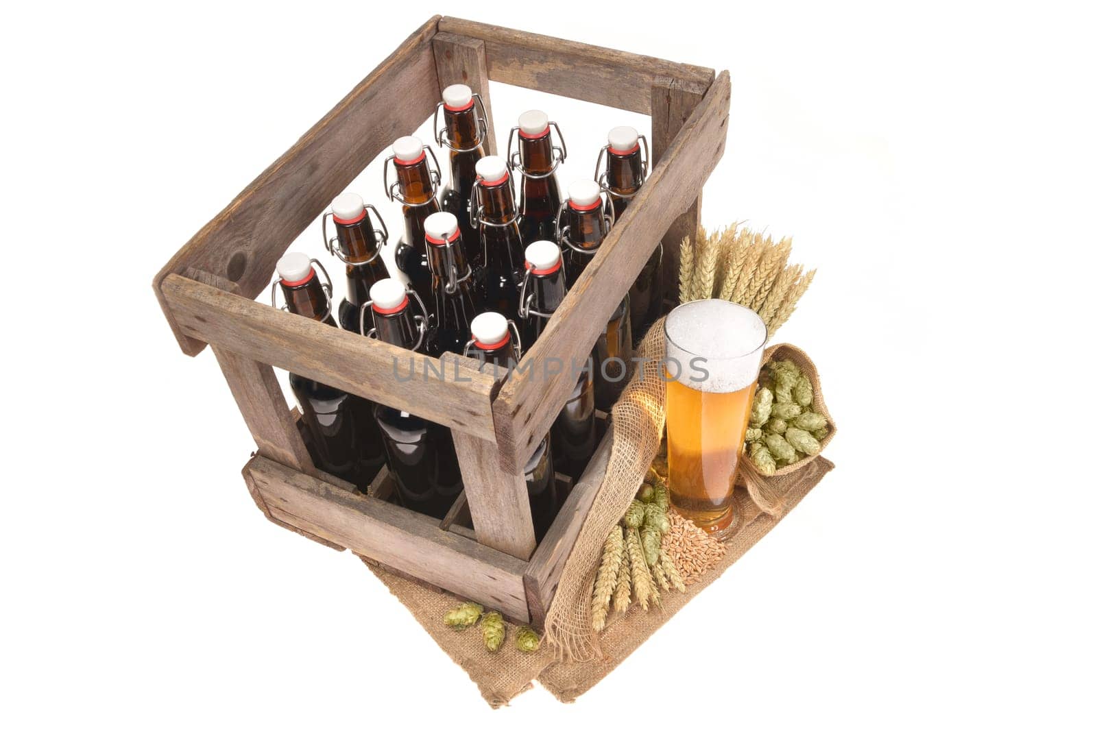 Beer carriers and beer glass with wheat,barley,hops and malt Insulated On White