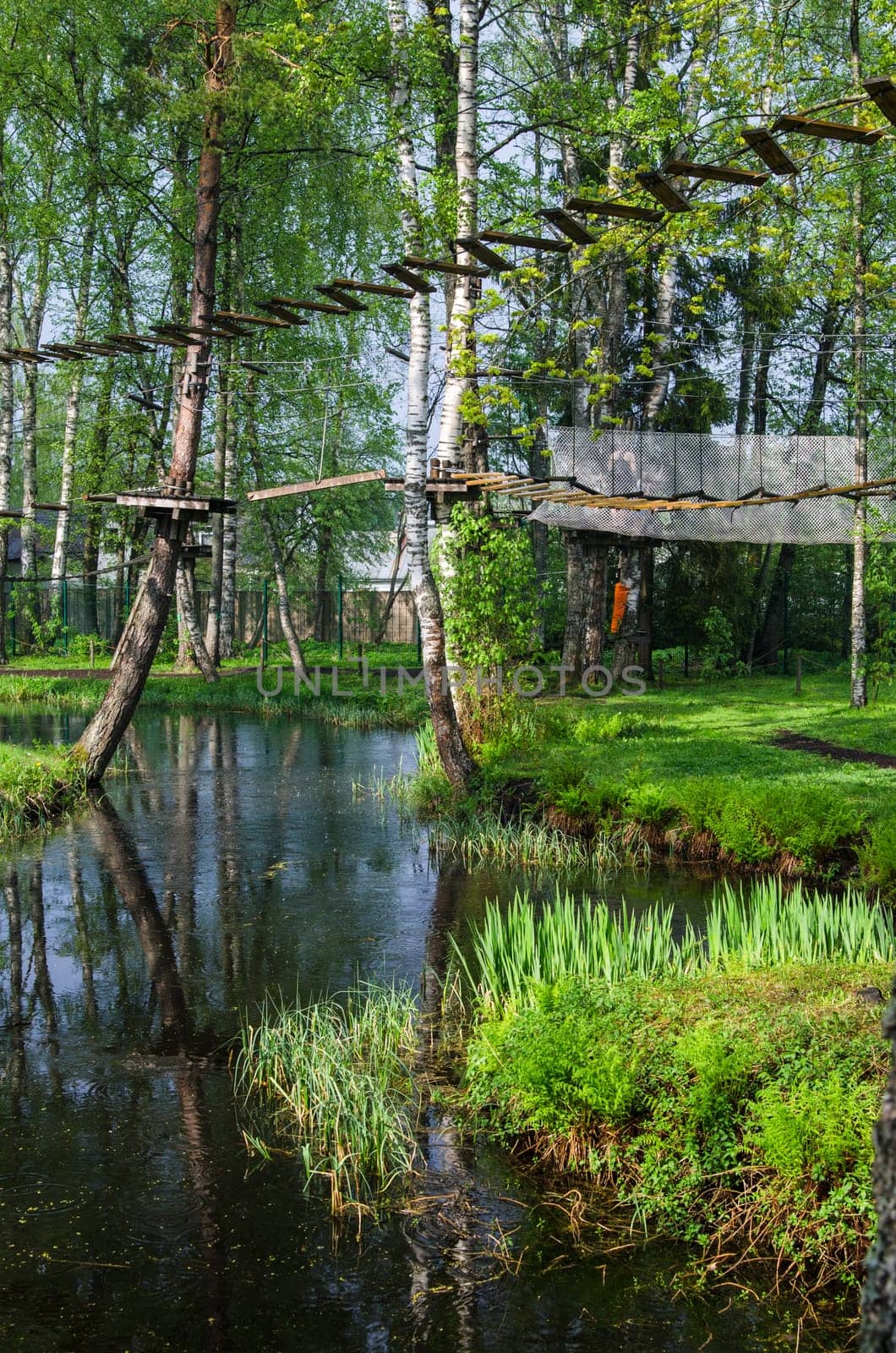 Dangerous ropeway with tether in rope park, trees with green leaves