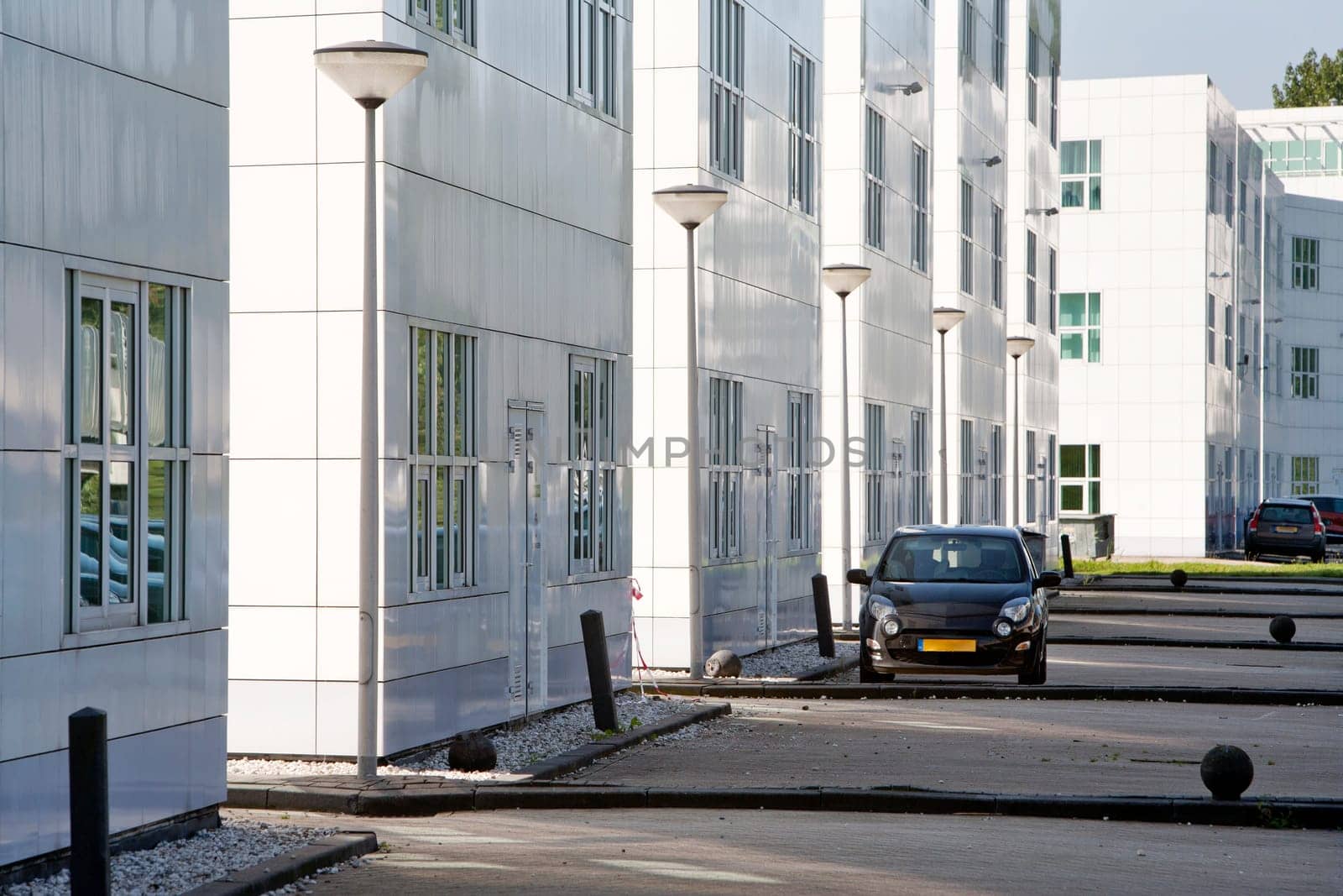 Backside of white office buildings