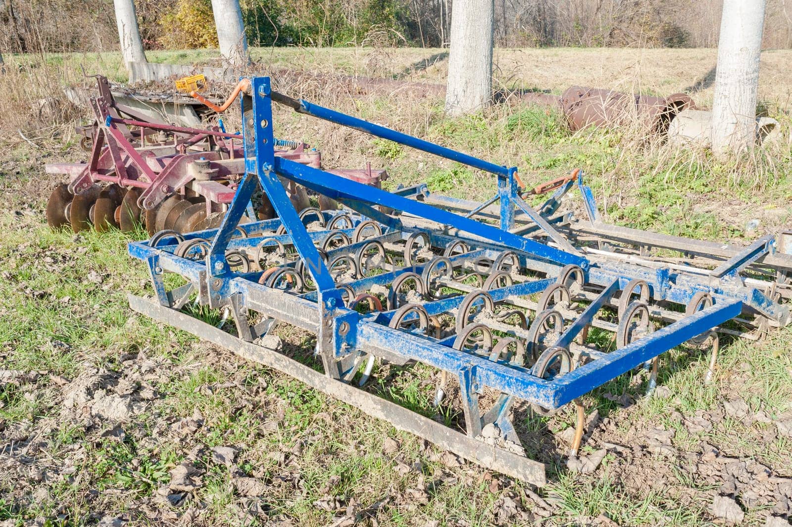 Tools for agriculture. Old blue Harrow with spring system.
