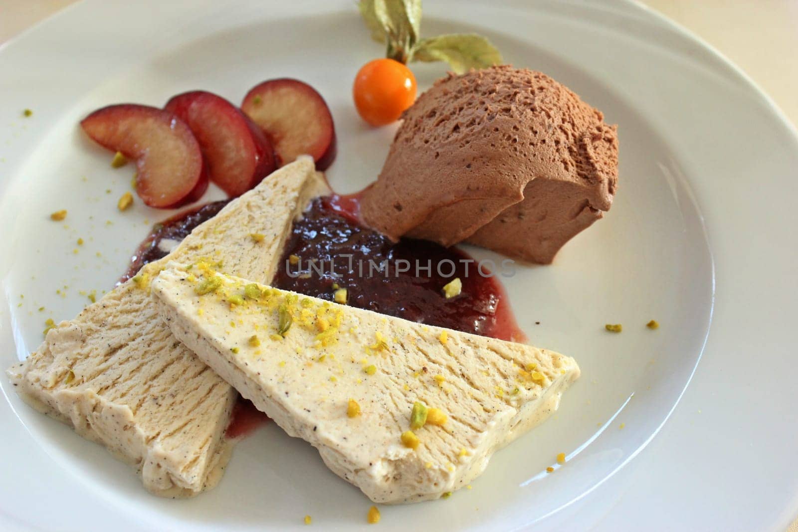 Vanilla parfait,chocolate coffee mousse on plum puree with fresh plums