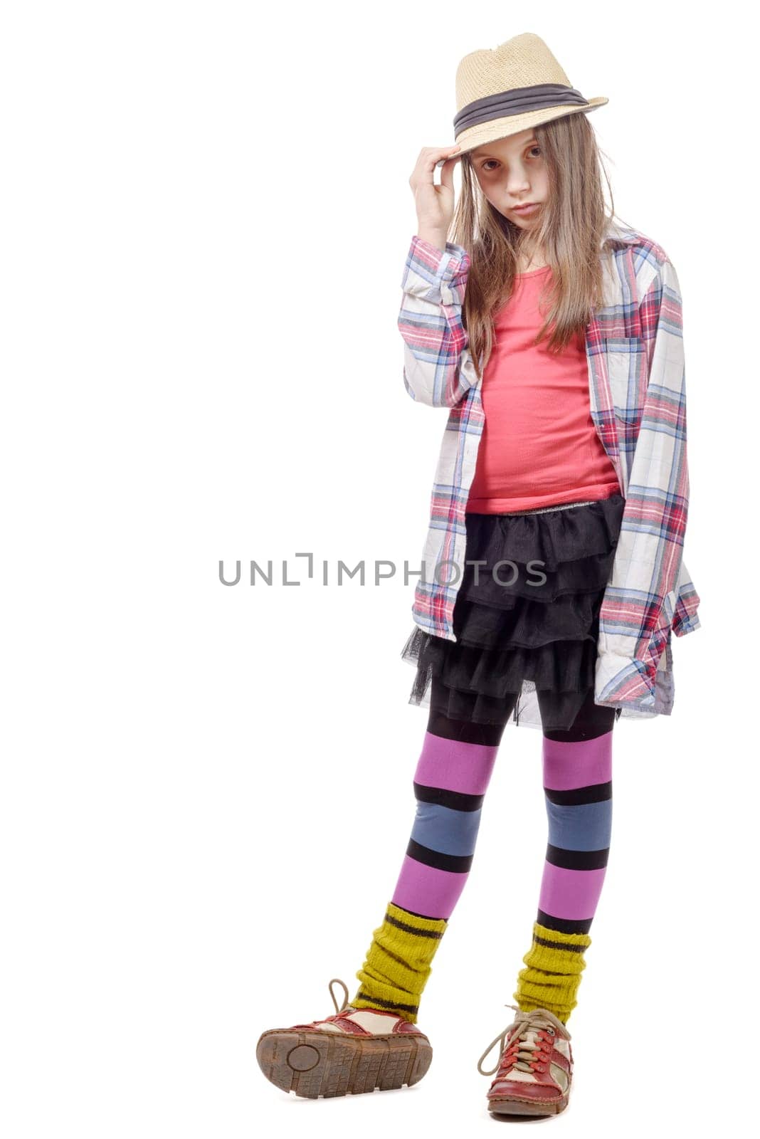 a young girl in hipster style . Girl isolated on white background.