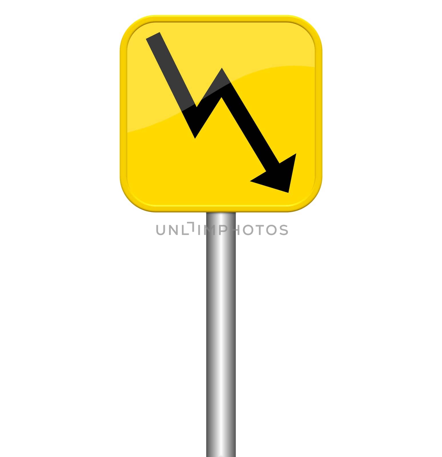 Yellow unlocked sign points down arrow