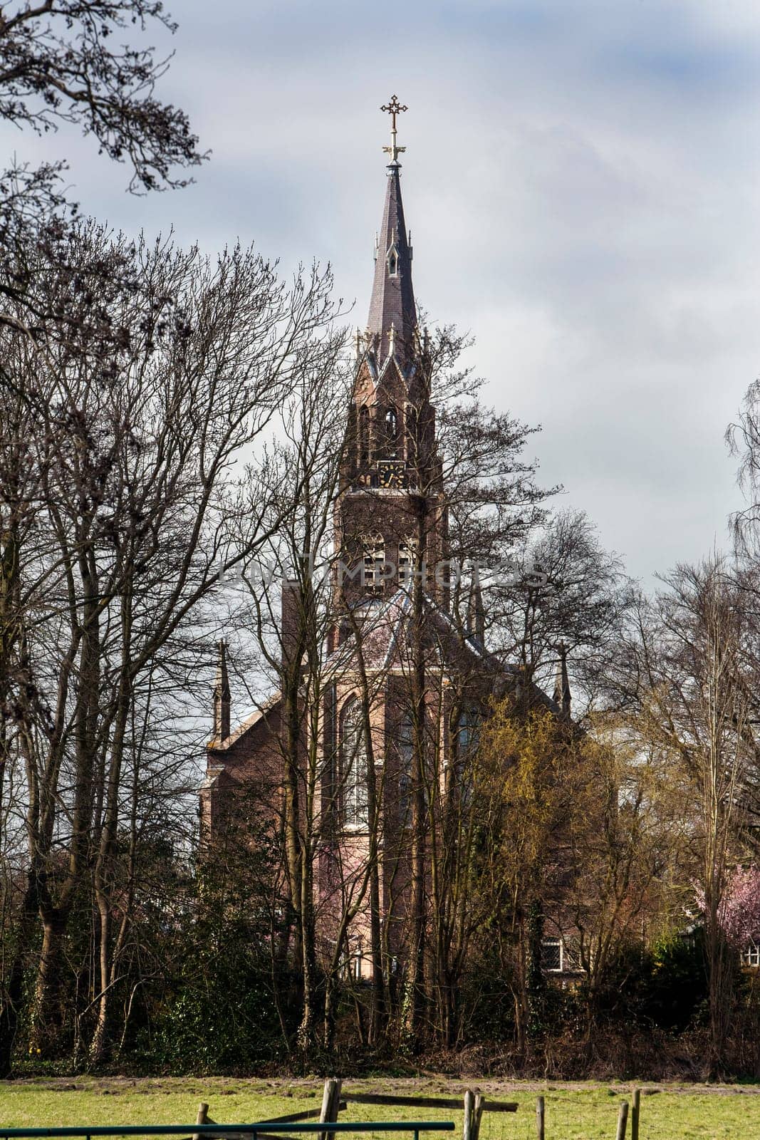 Church behind trees in winter.