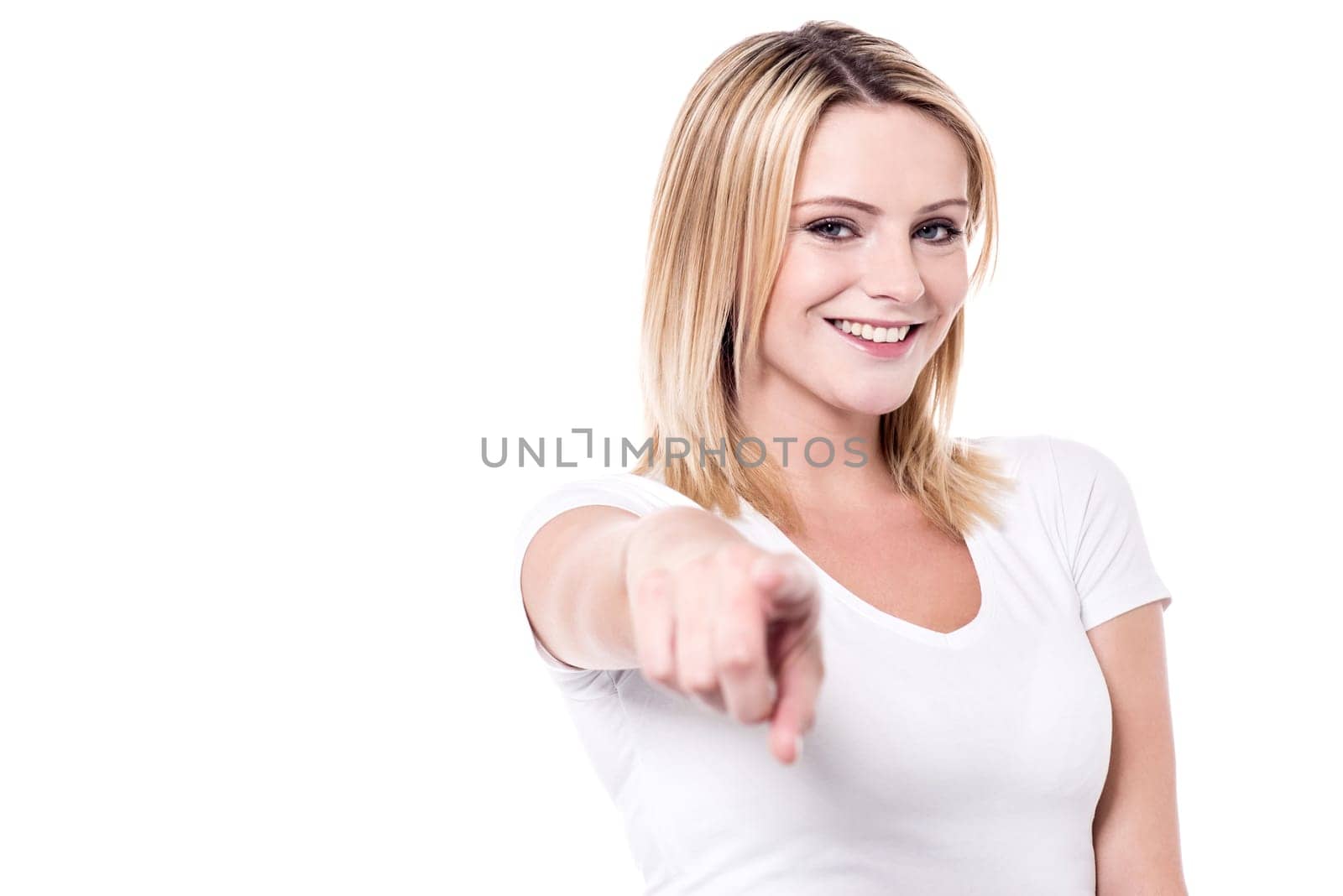 woman pointing her index finger towards camera