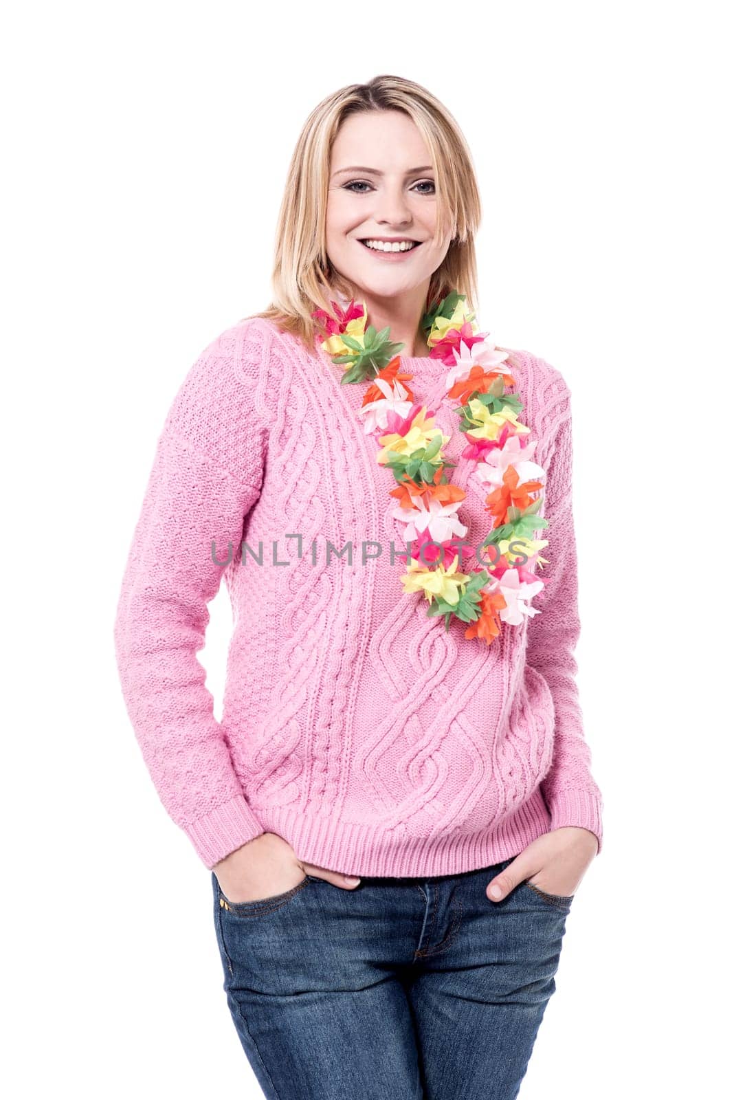 Pretty woman with colourful flower garland on her neck