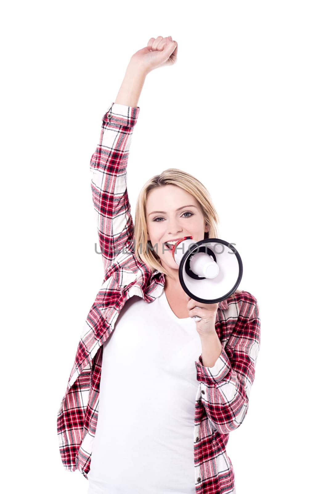 young woman proclaiming into the loud hailer