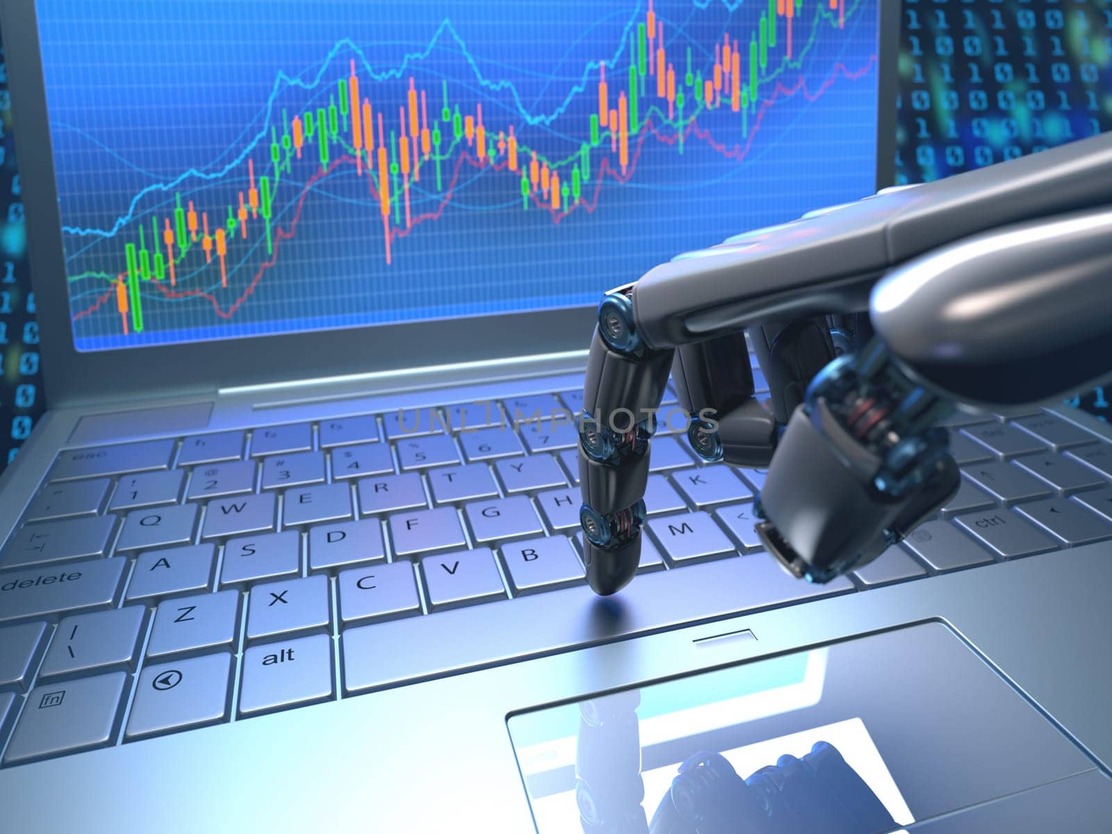 Robot hand, ordering on a laptop keyboard, an exchange trade. Robot trading system is a computer trading program that automatically submits trades to an exchange without any human interventions. Depth of field with focus on finger.