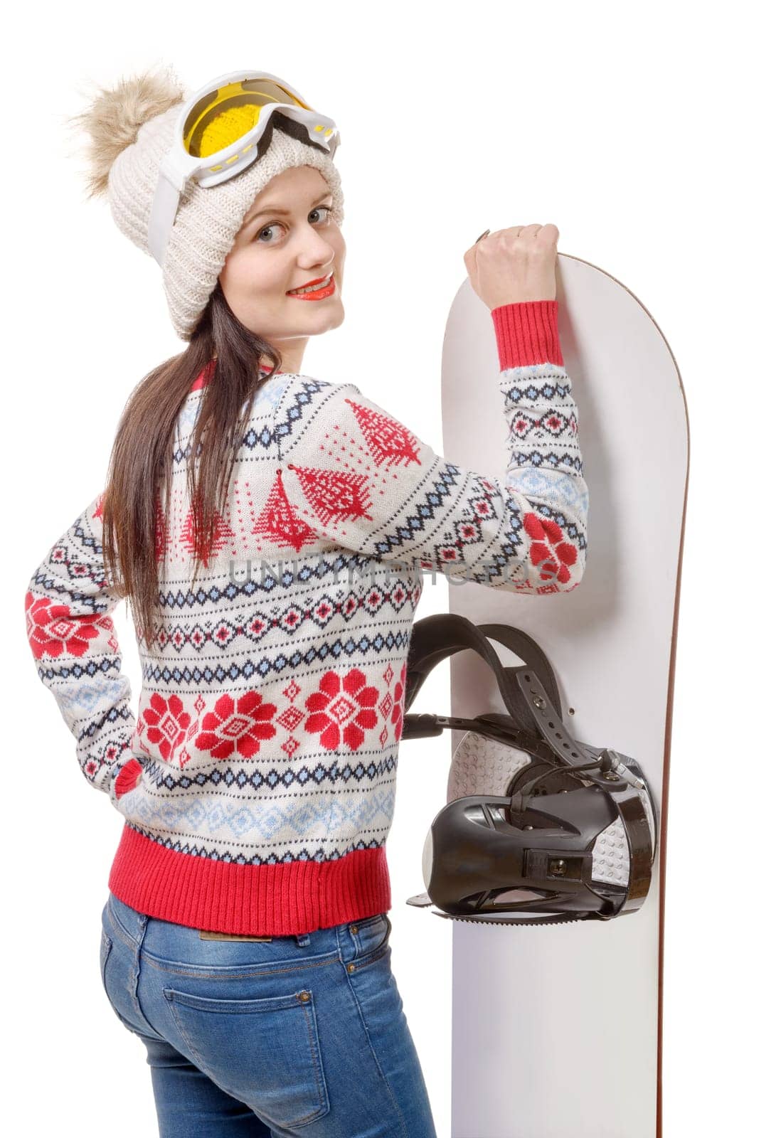 a beautiful woman with a snowboard in studio