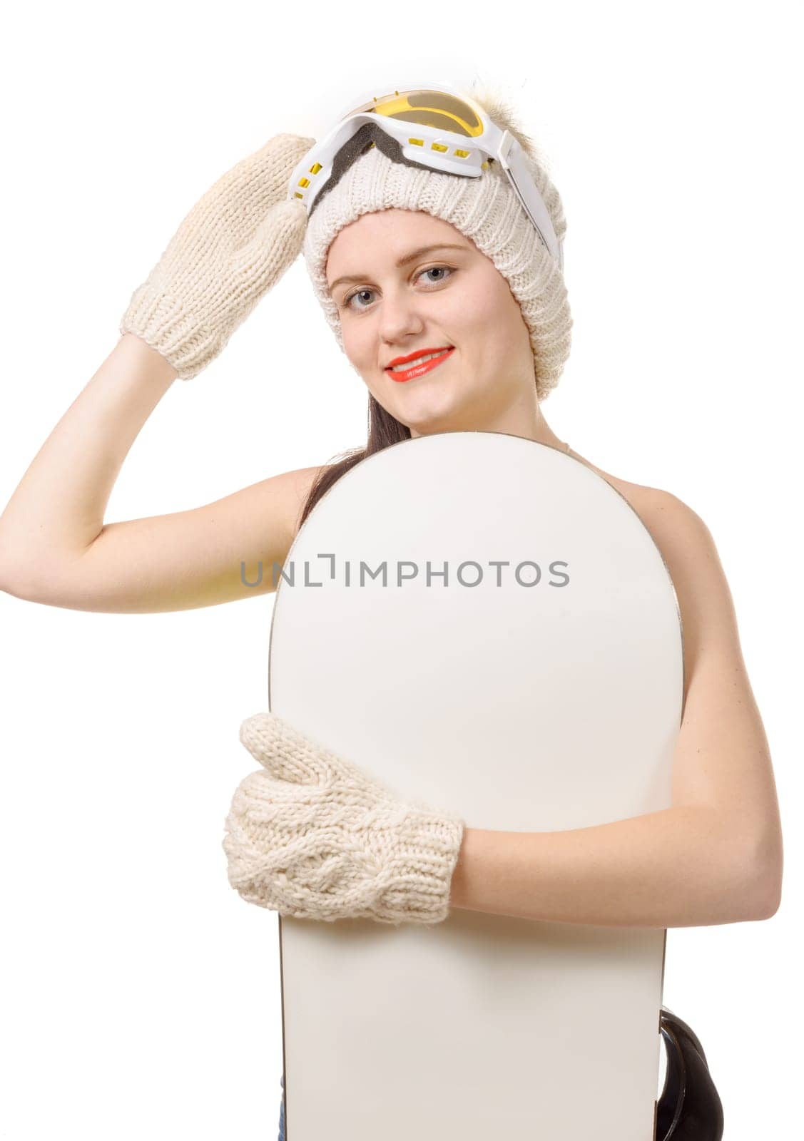 a beautiful sexy woman with a snowboard in studio
